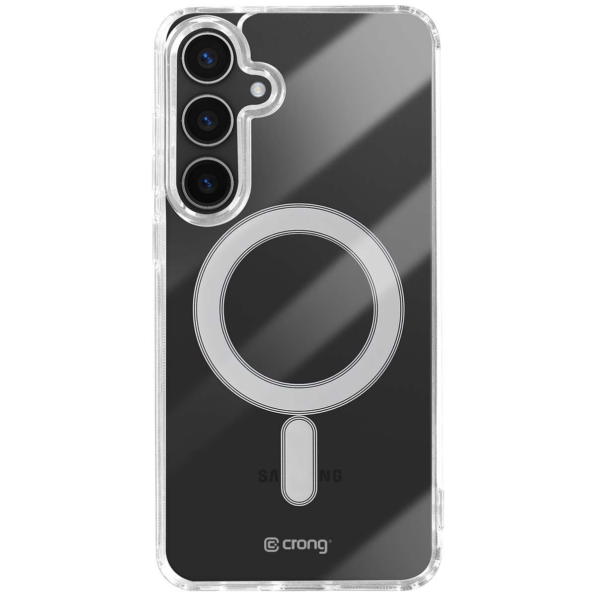 Custodia trasparente per telefono con ritaglio tripla fotocamera e anello magnetico.