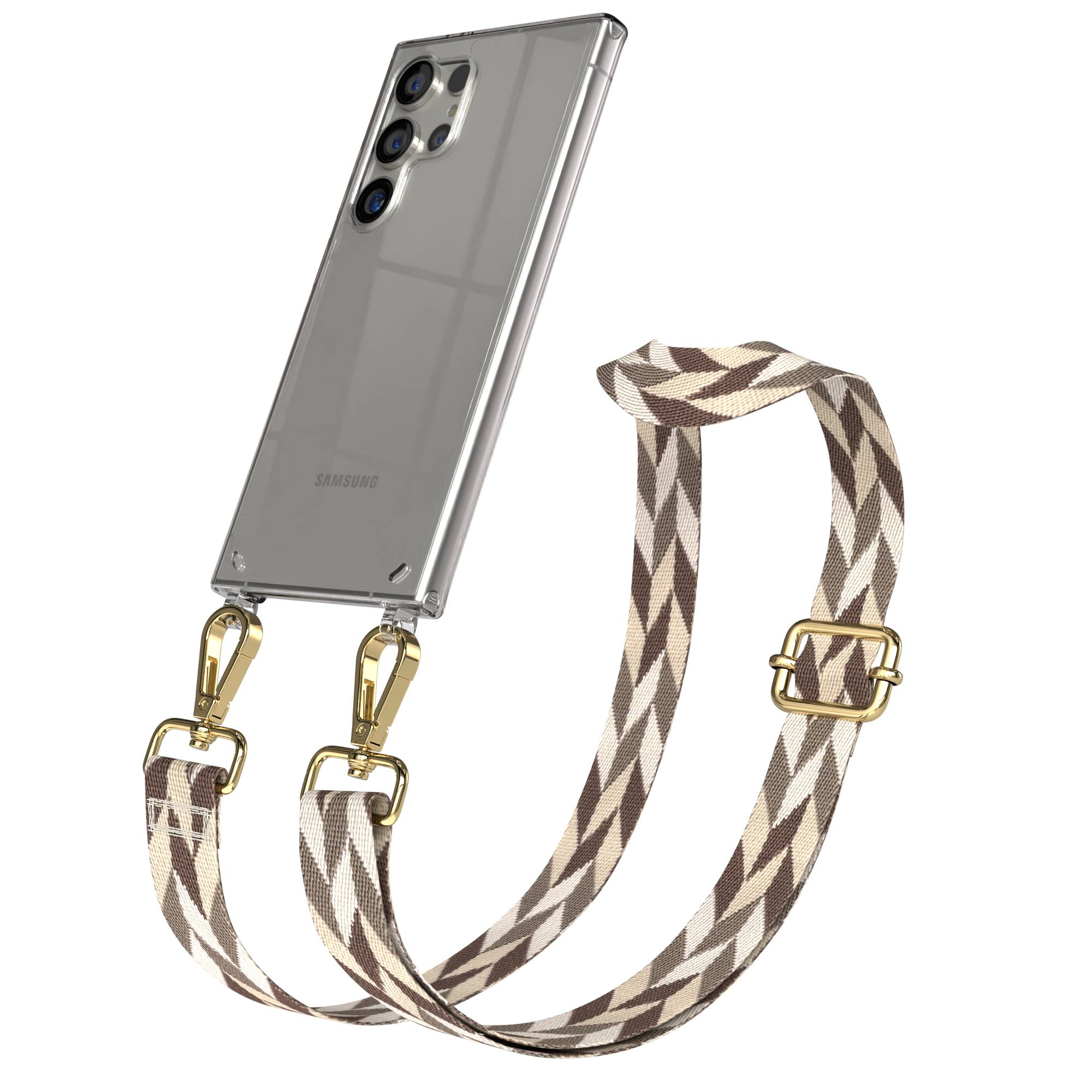 Ein silbernes Samsung Smartphone mit einer durchsichtigen Hülle und einem gemusterten Umhängeband.