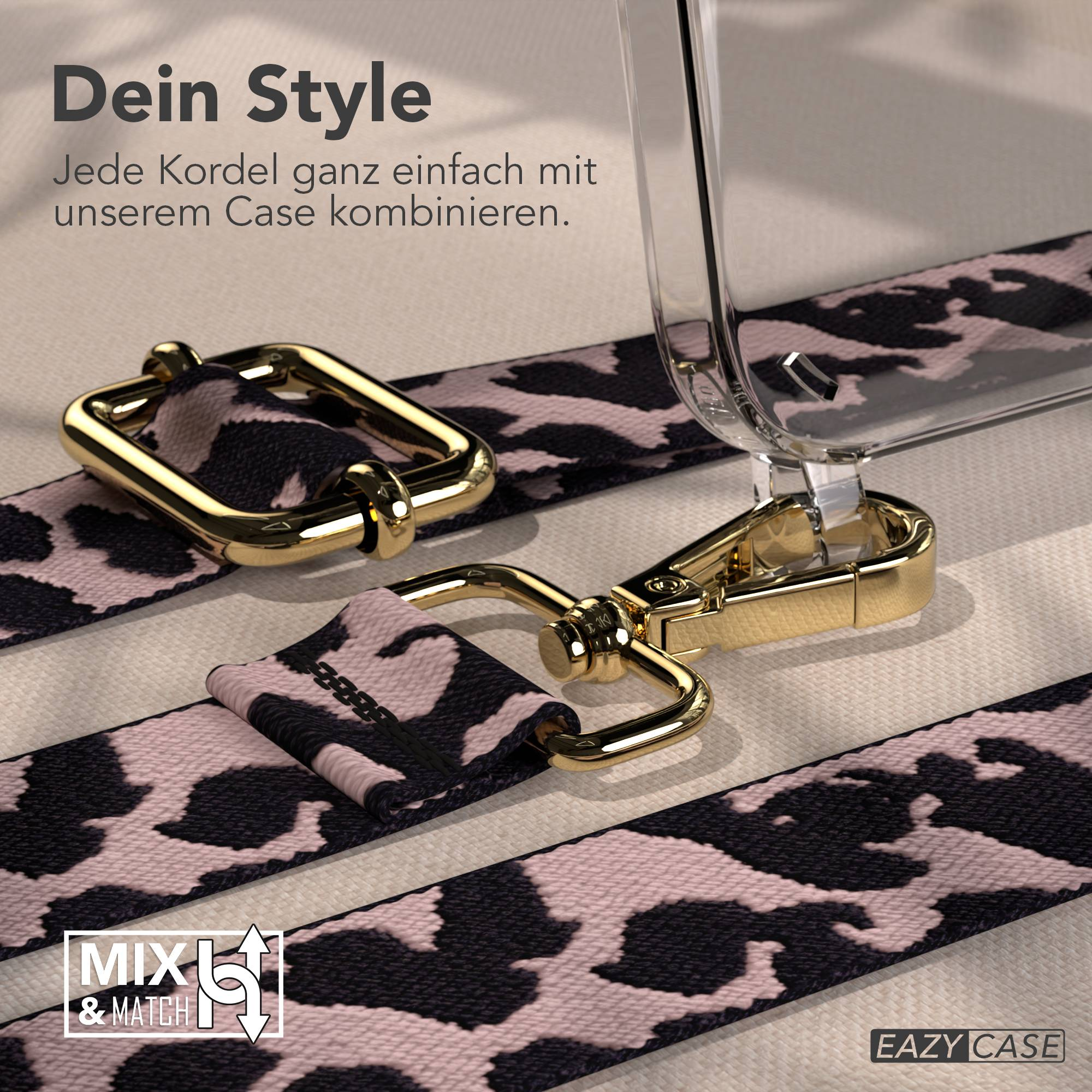 Eine transparente Handyhülle mit einem goldfarbenen Karabiner und einem Leopardenmuster-Gurt.