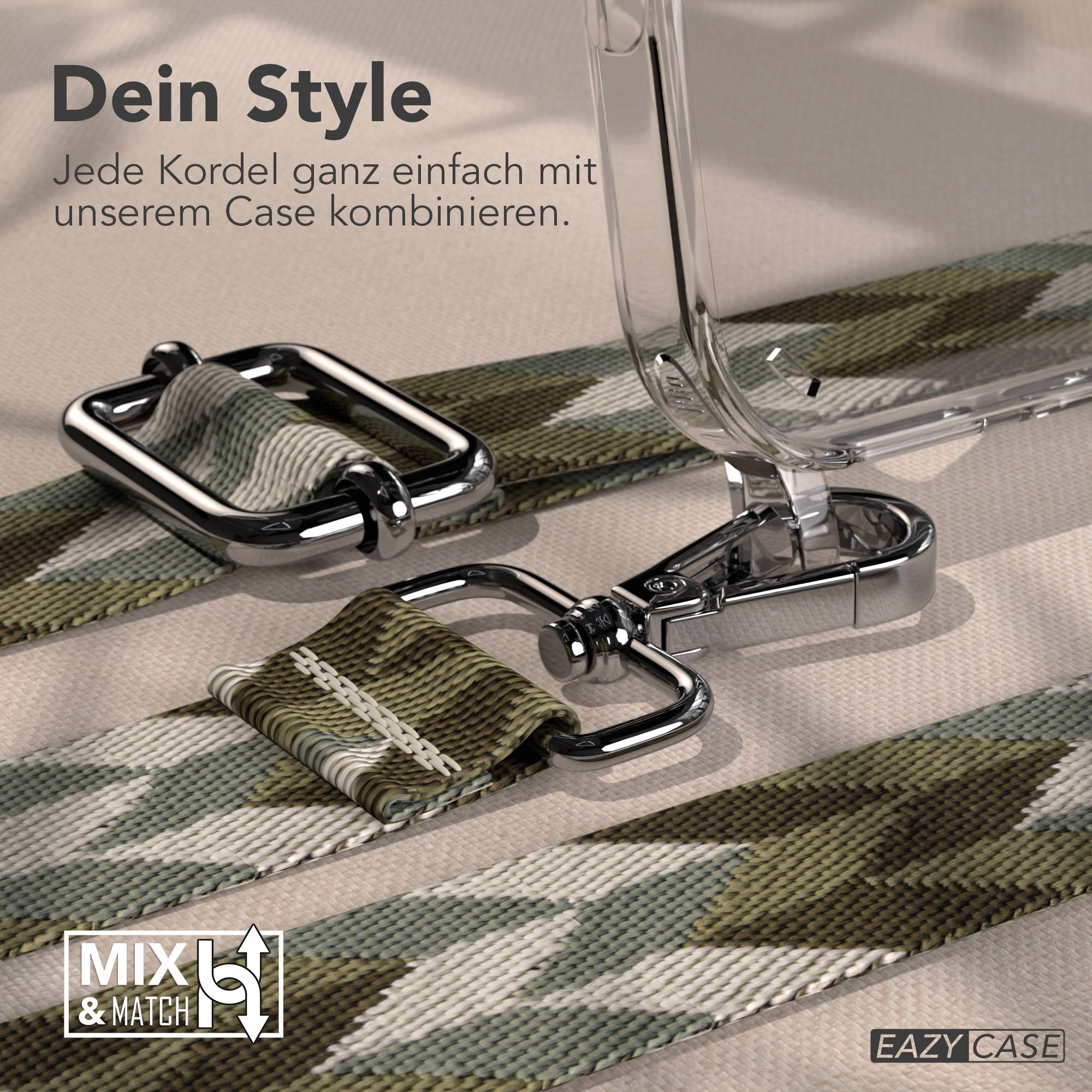 Ein transparentes Handyhülle mit Camouflage-Band und silbernen Beschlägen.