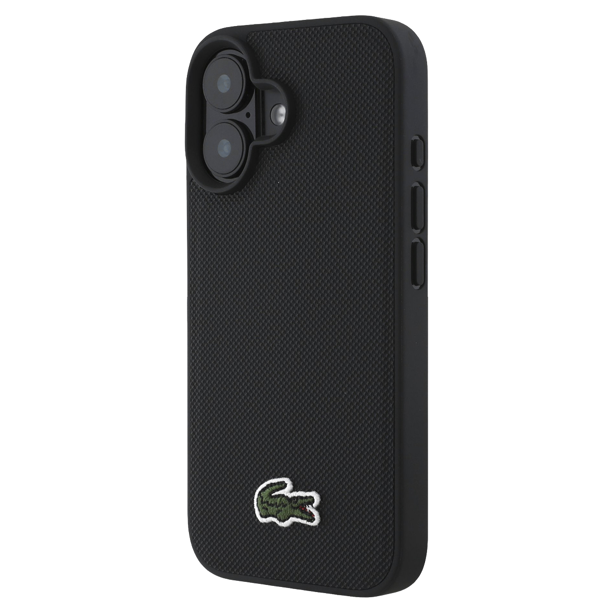 Custodia nera per telefono con motivo testurizzato e logo Lacoste verde. Ritaglio doppia fotocamera in alto.