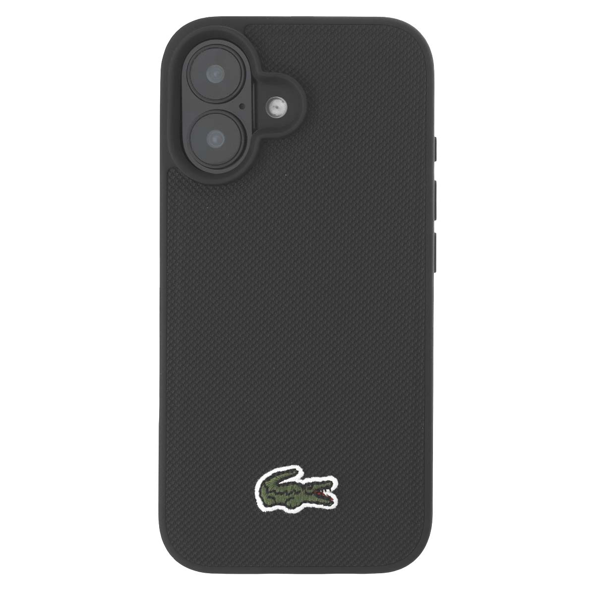 Custodia nera per telefono con doppia lente e logo coccodrillo Lacoste.