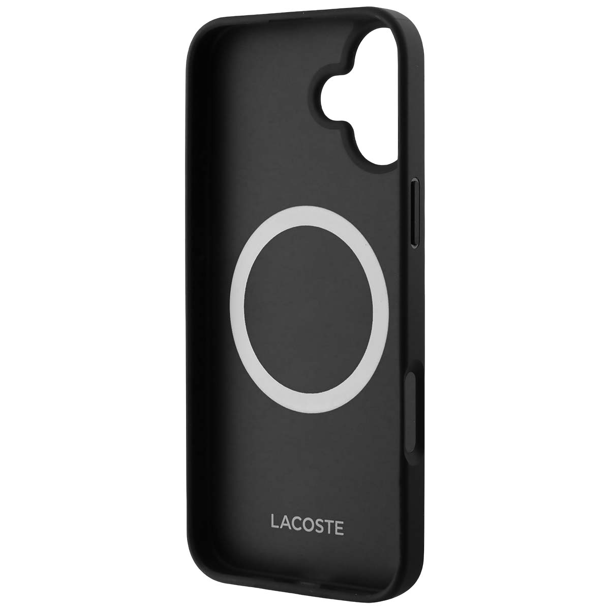Custodia nera per telefono con anello bianco e logo Lacoste su sfondo bianco.