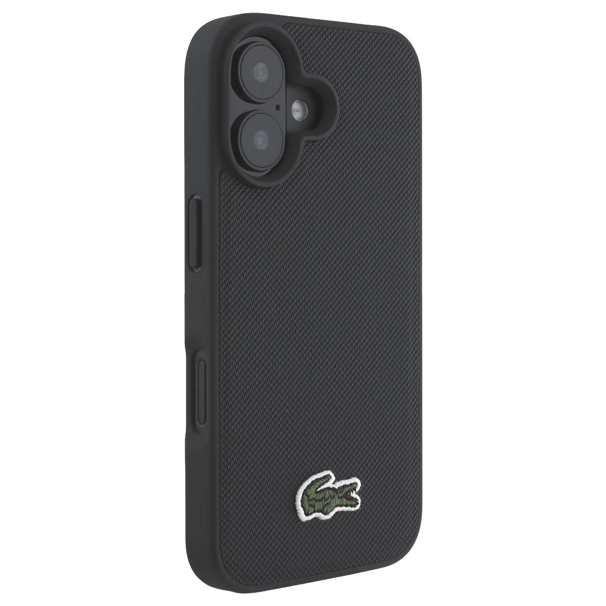 Custodia nera per telefono con logo coccodrillo e protezione.