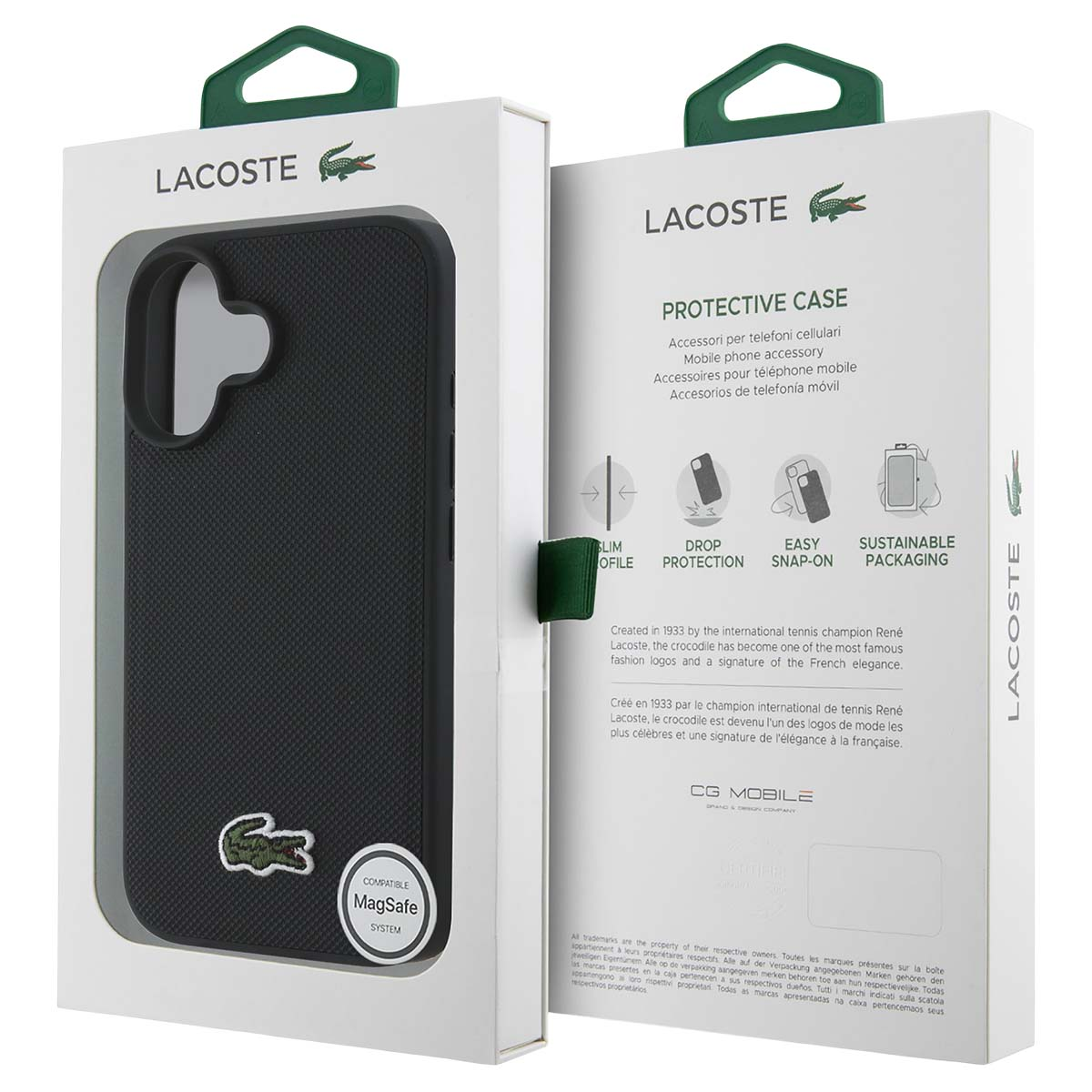 Cover nera Lacoste con logo coccodrillo su confezione che mostra le caratteristiche.