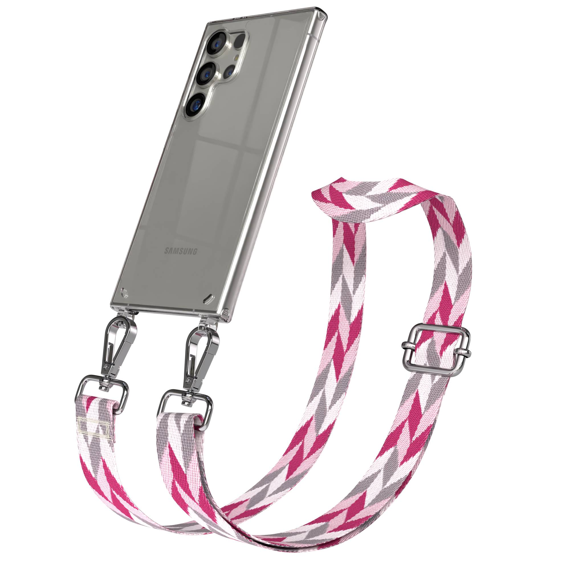Ein durchsichtiges Handy mit einer Kameraanordnung und einem Band mit rosa, grauem und weißem Zickzackmuster.