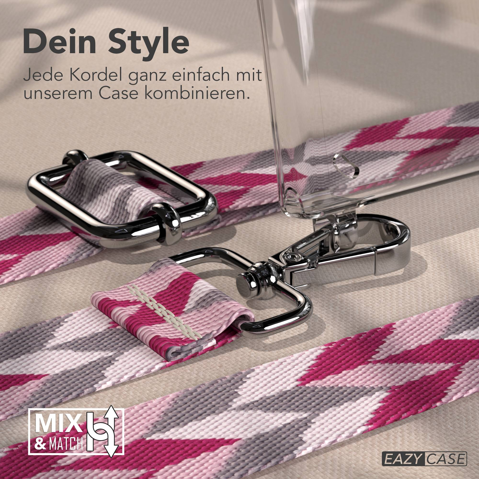 Pink, grau und weiße Kordel mit silbernen Schnallen, mit Text.