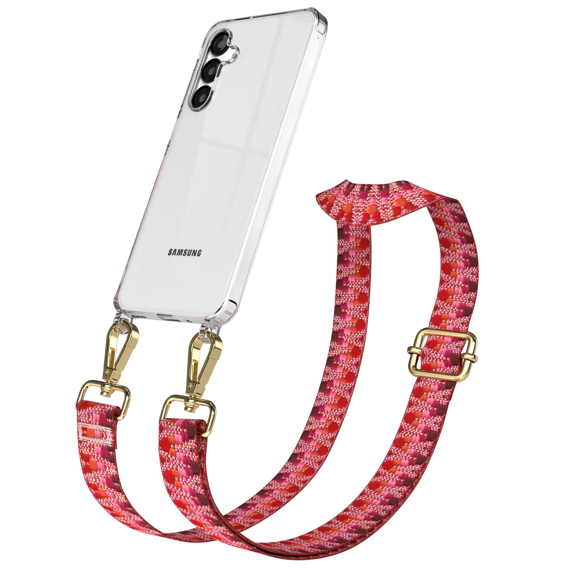 Ein durchsichtiges Samsung-Handy mit einem roten und pinken gemusterten Gurt, der mit goldenen Clips befestigt ist.