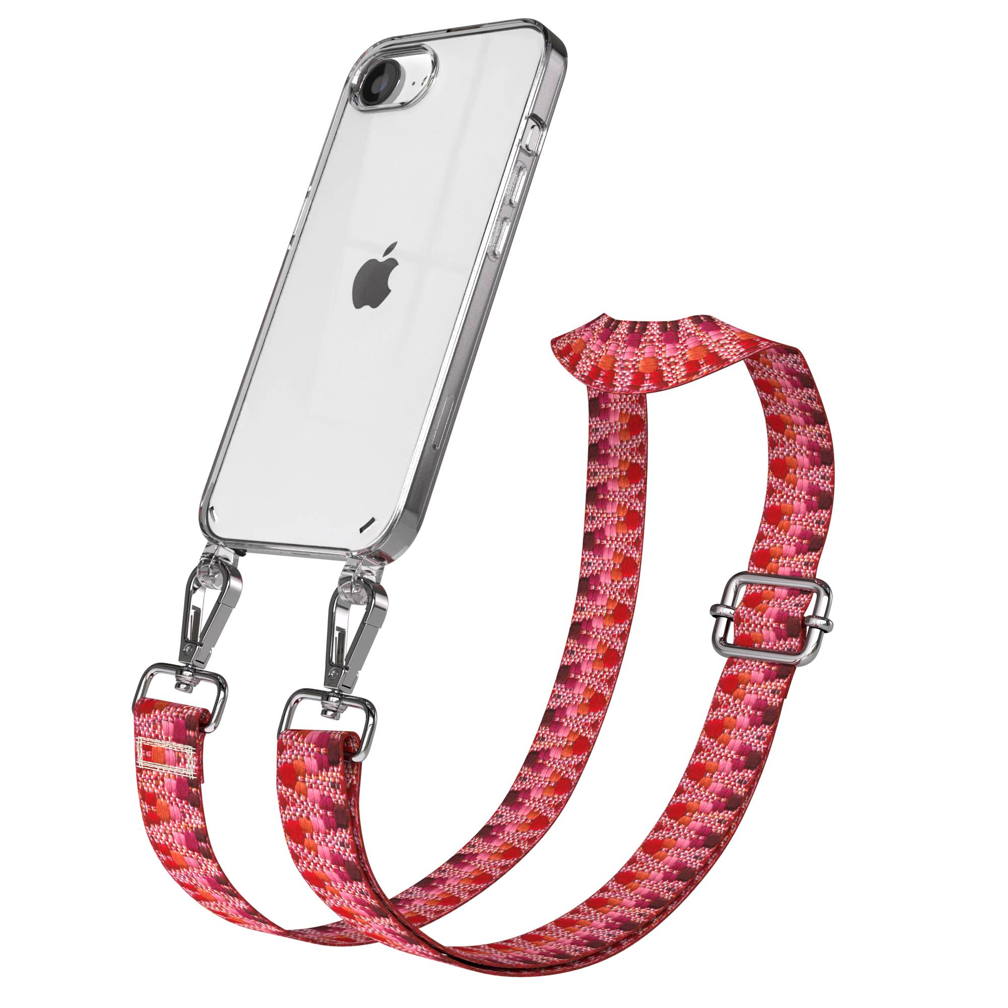 Klare iPhone-Hülle mit rotem und pinkfarbenem gemustertem Gurt, befestigt mit silbernen Verschlüssen.