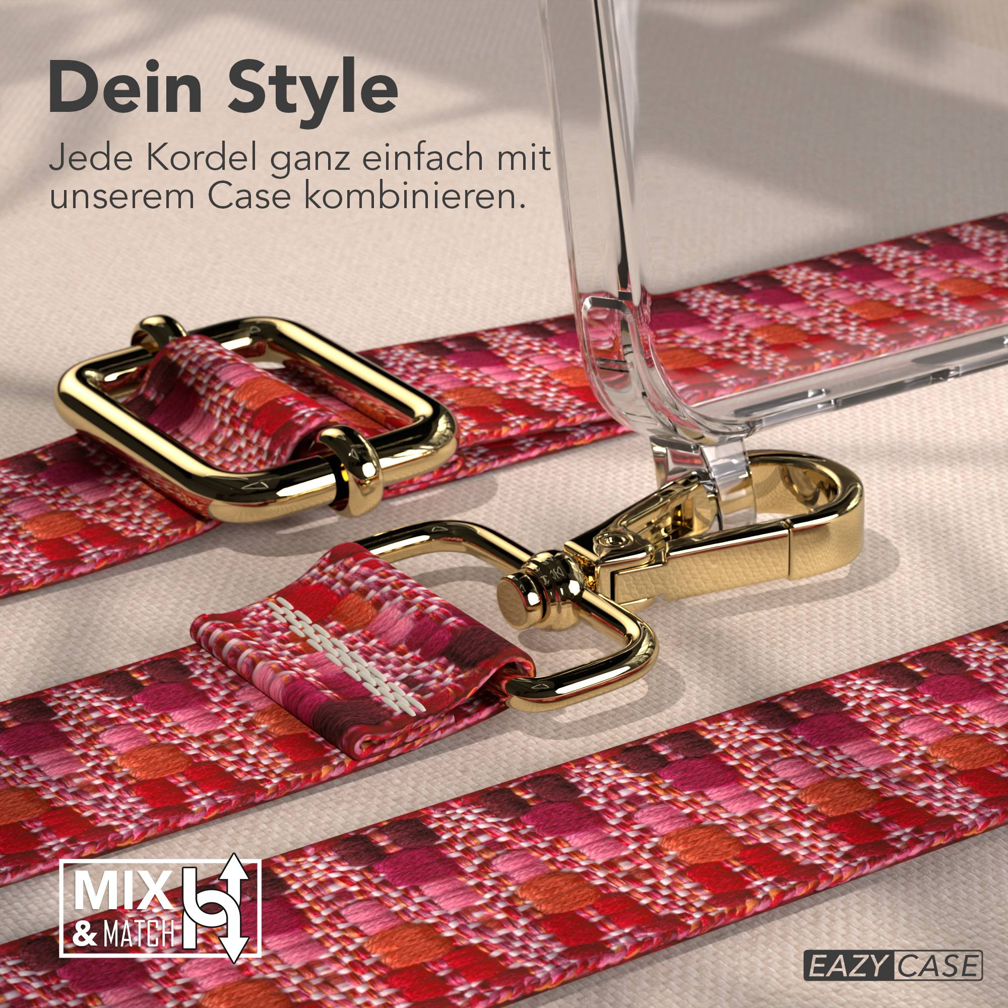 Rote und pinke Kordel mit goldenen Beschlägen. Text: Dein Style.