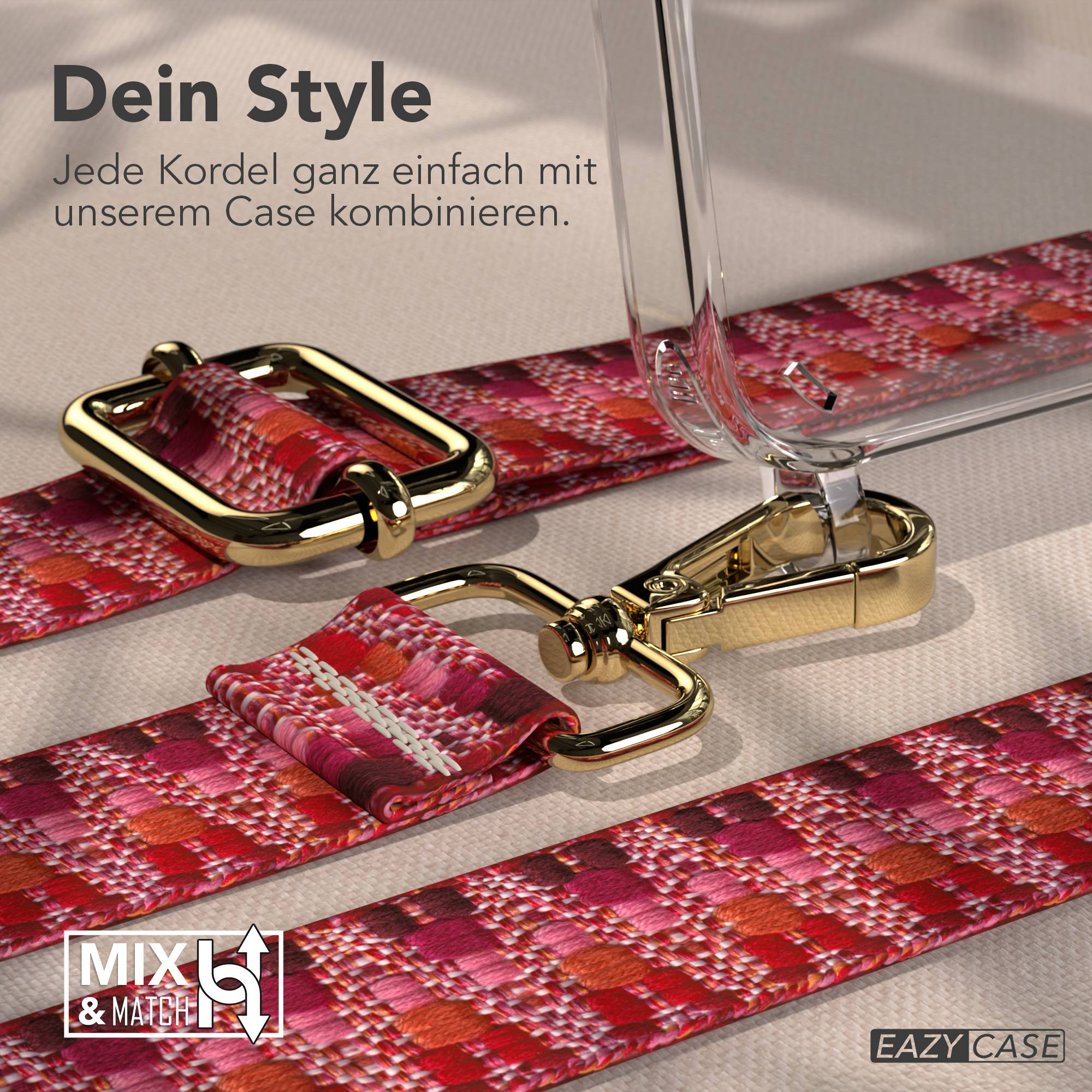 Ein rot-, pink- und orangefarben gemusterter Gurt mit goldener Hardware, an einer klaren Handyhülle befestigt.