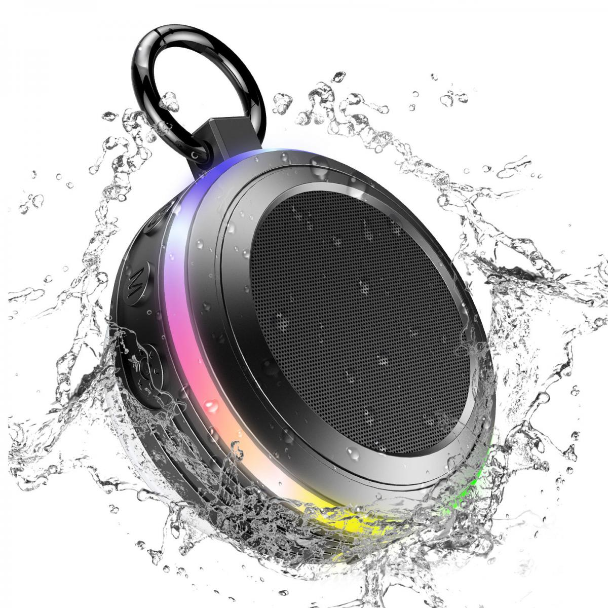 Ein runder, schwarzer Lautsprecher mit Metallgitter, umgeben von spritzendem Wasser und bunten LEDs.