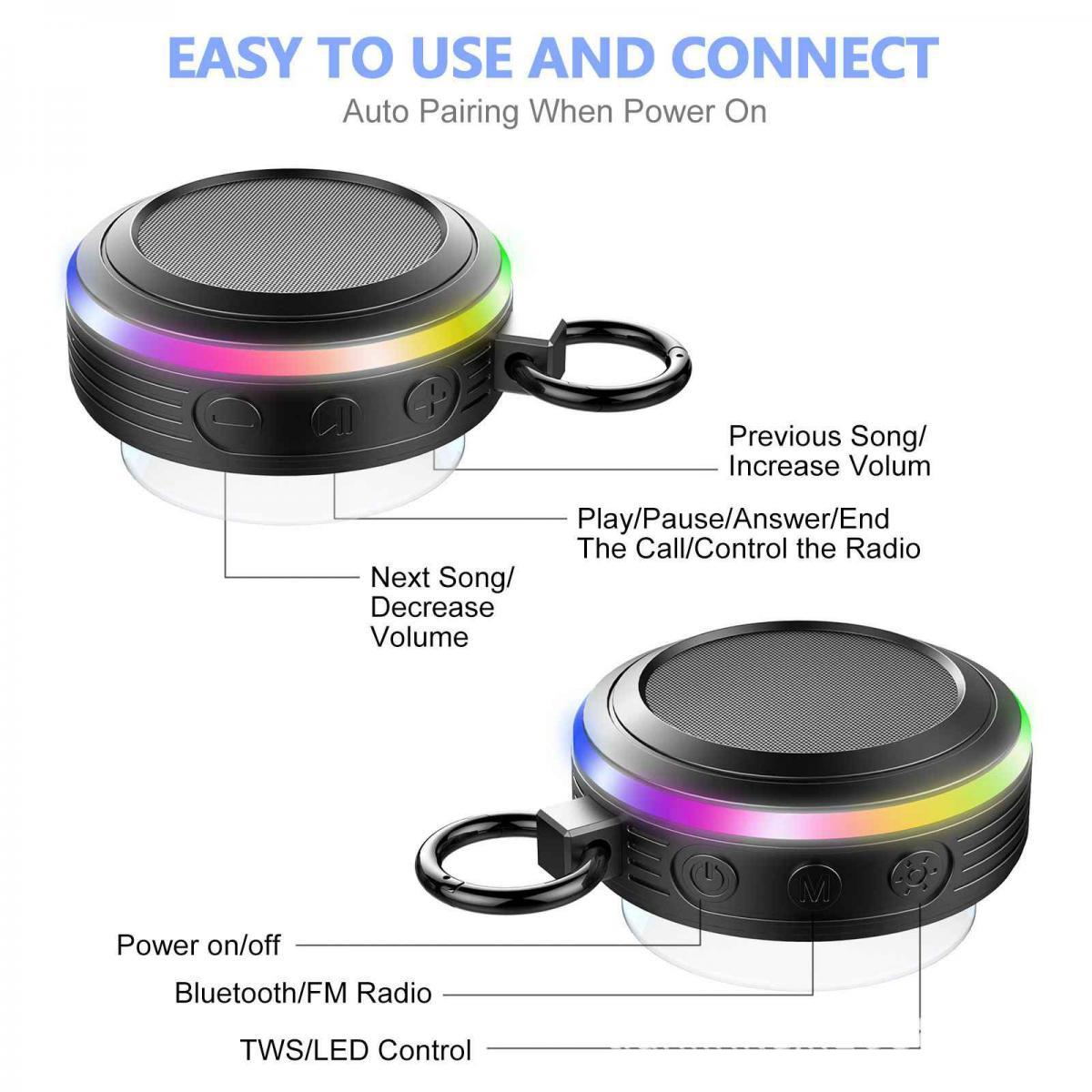 Zwei schwarze Bluetooth-Lautsprecher mit farbigen LEDs und Beschriftungen.