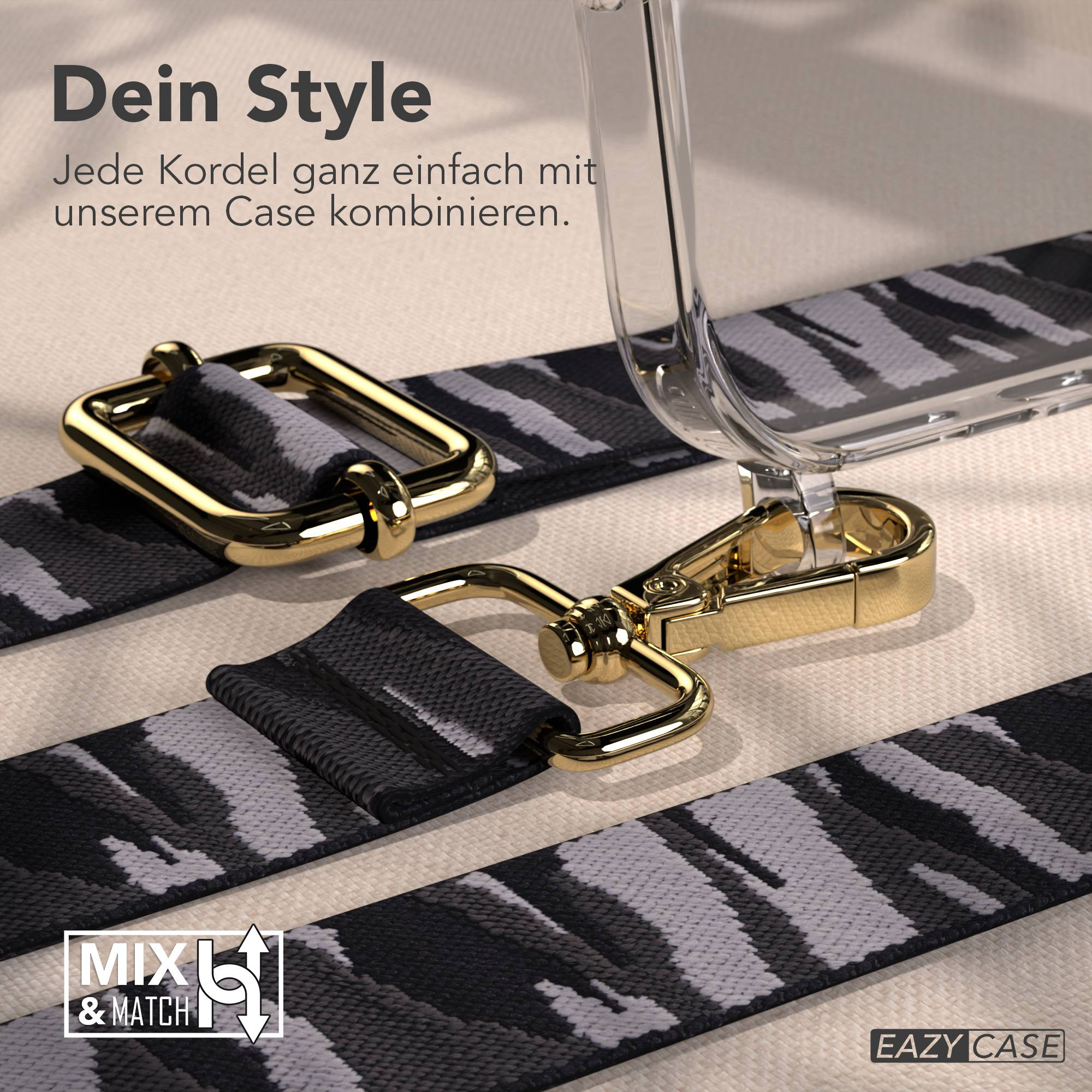Transparenter Handyhülle mit silber-schwarzem Gurt und goldenen Beschlägen.