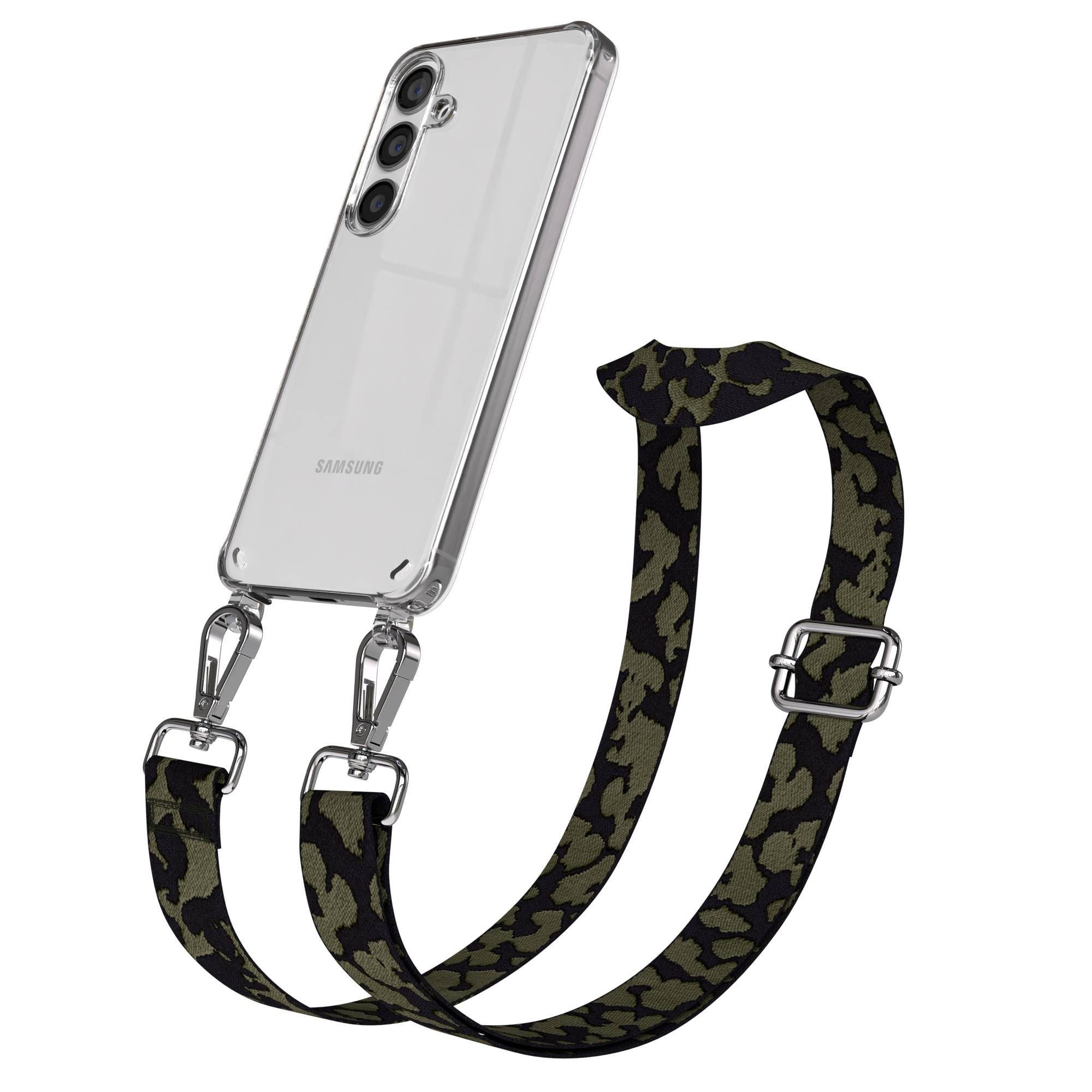Ein Samsung-Smartphone in einer transparenten Hülle mit einem Camouflage-Gurt.