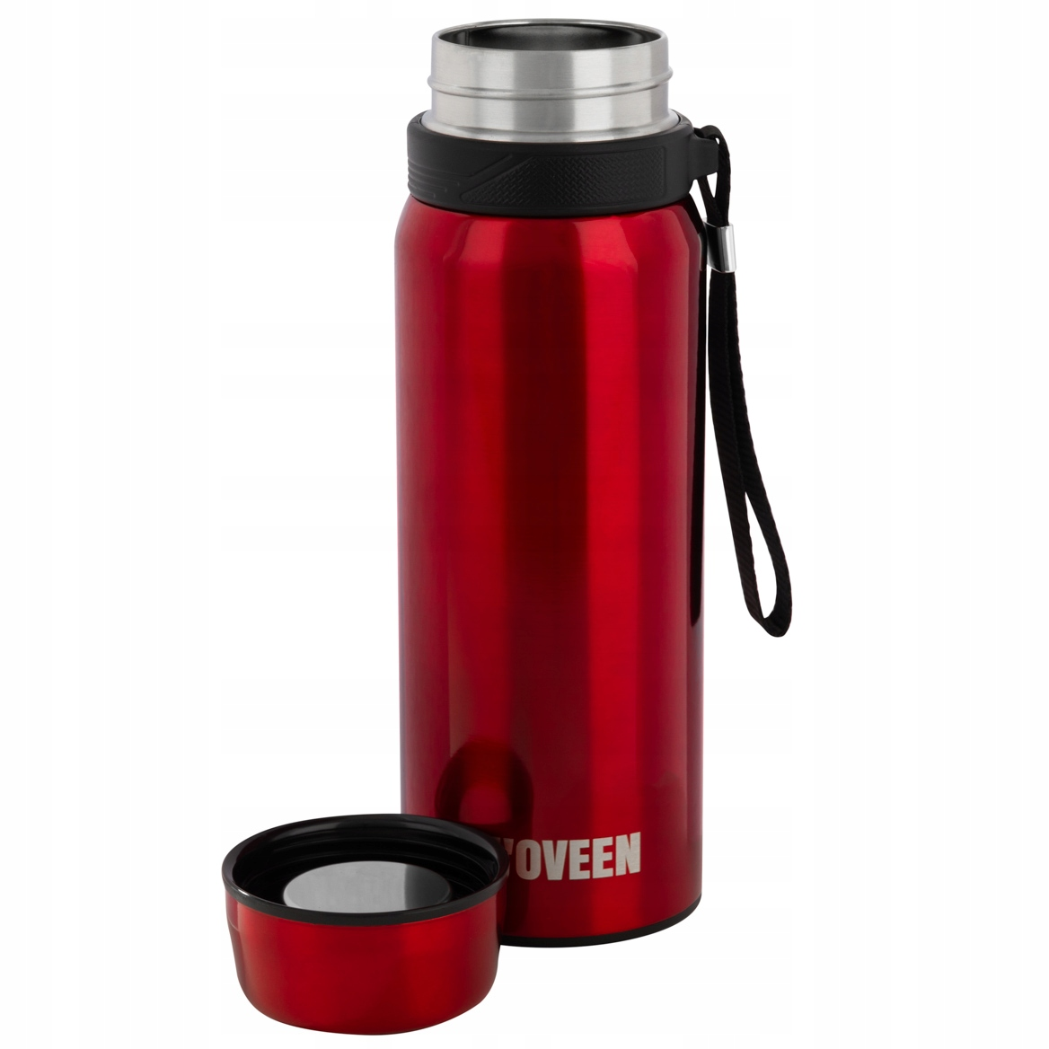 Rote Thermoskanne mit silbernem Verschluss und schwarzem Band.