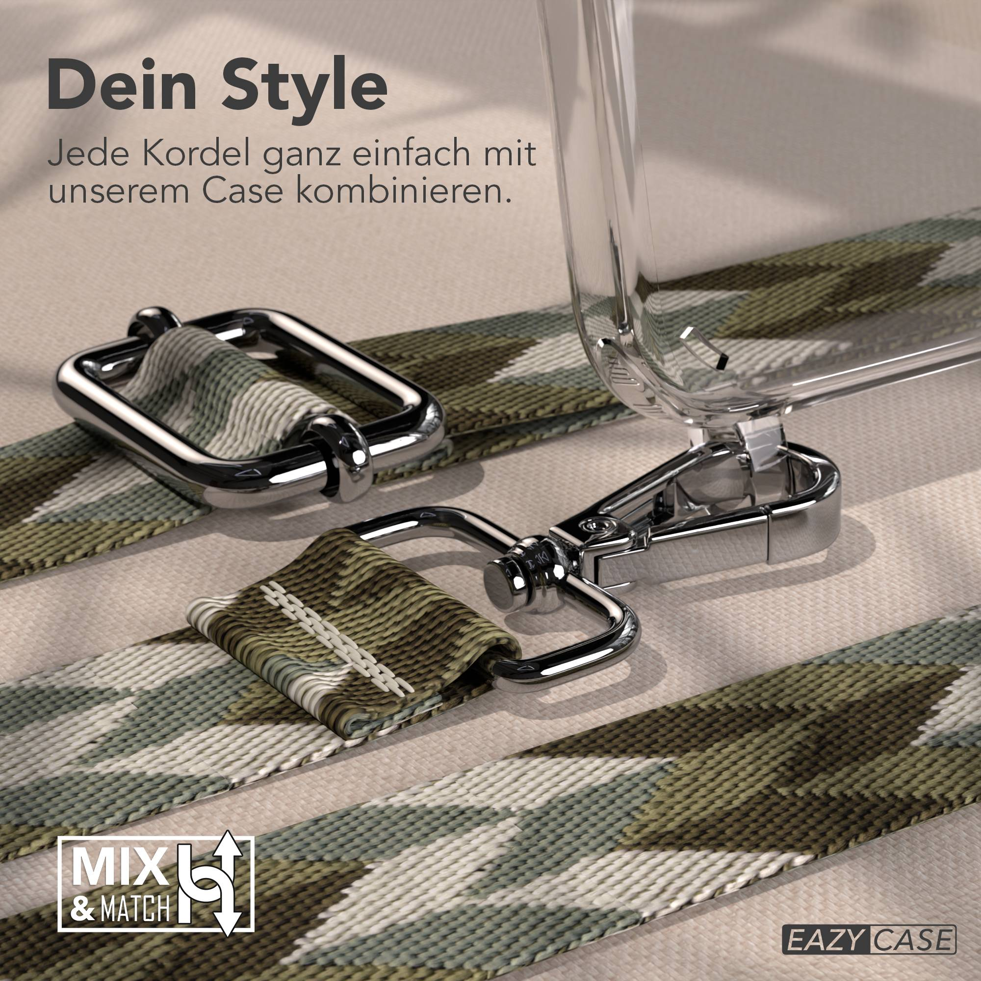 Eine durchsichtige Handyhülle mit Camouflage-Gurt und Metallverschlüssen.