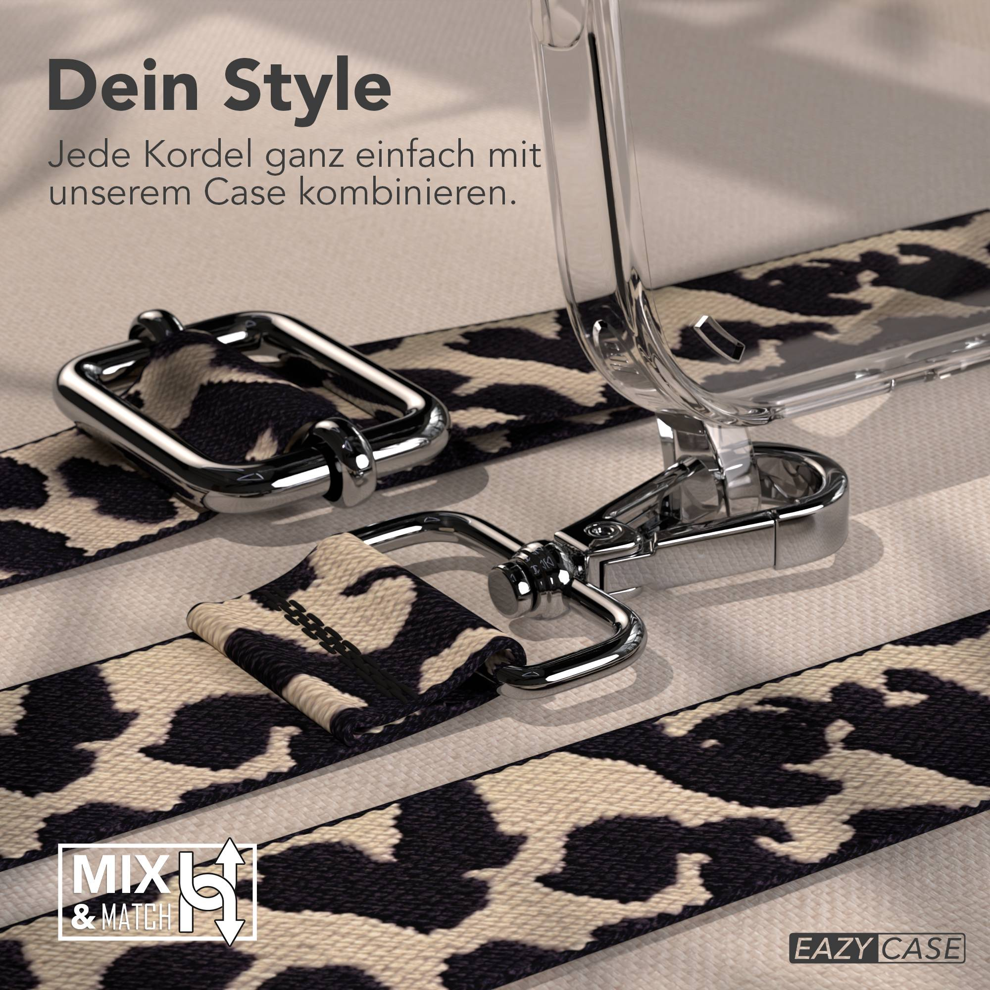 Ein klarer Handyhülle mit einem Leopardenmuster-Band und Metallclips.