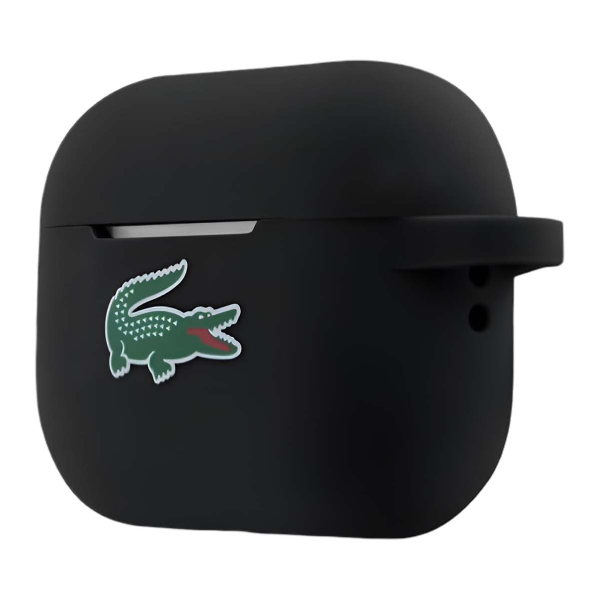 Un estuche negro con un logo de cocodrilo verde. El estuche es para auriculares.