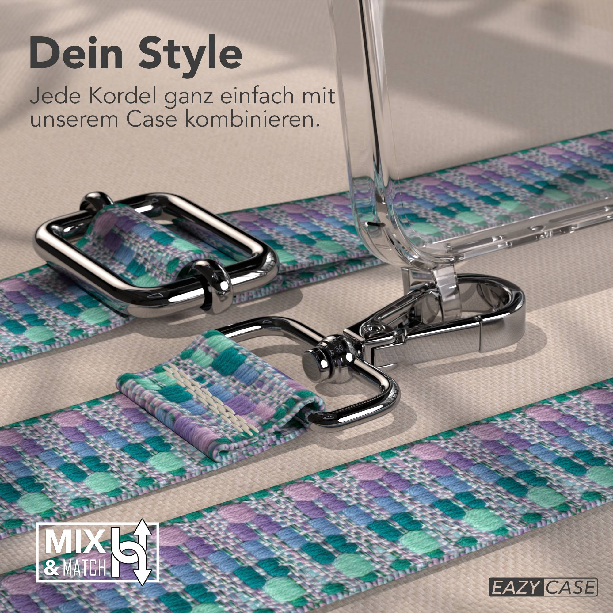 Ein Handyhülle mit Band in Lila, Blau und Grün, mit Metallclips und Text.