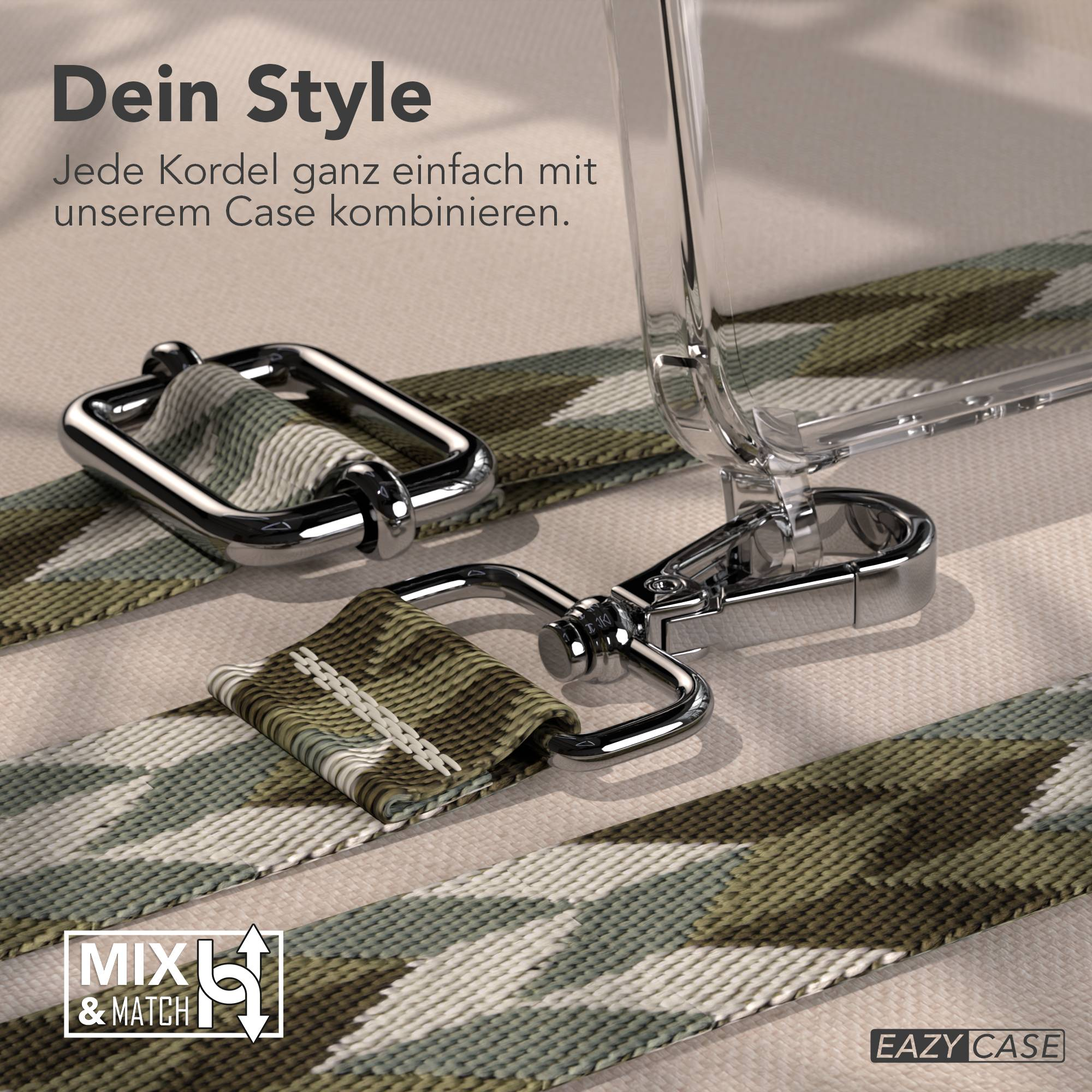 Tarnfarbene Lanyard mit Metallverschlüssen und detail einer Klarsichthülle.