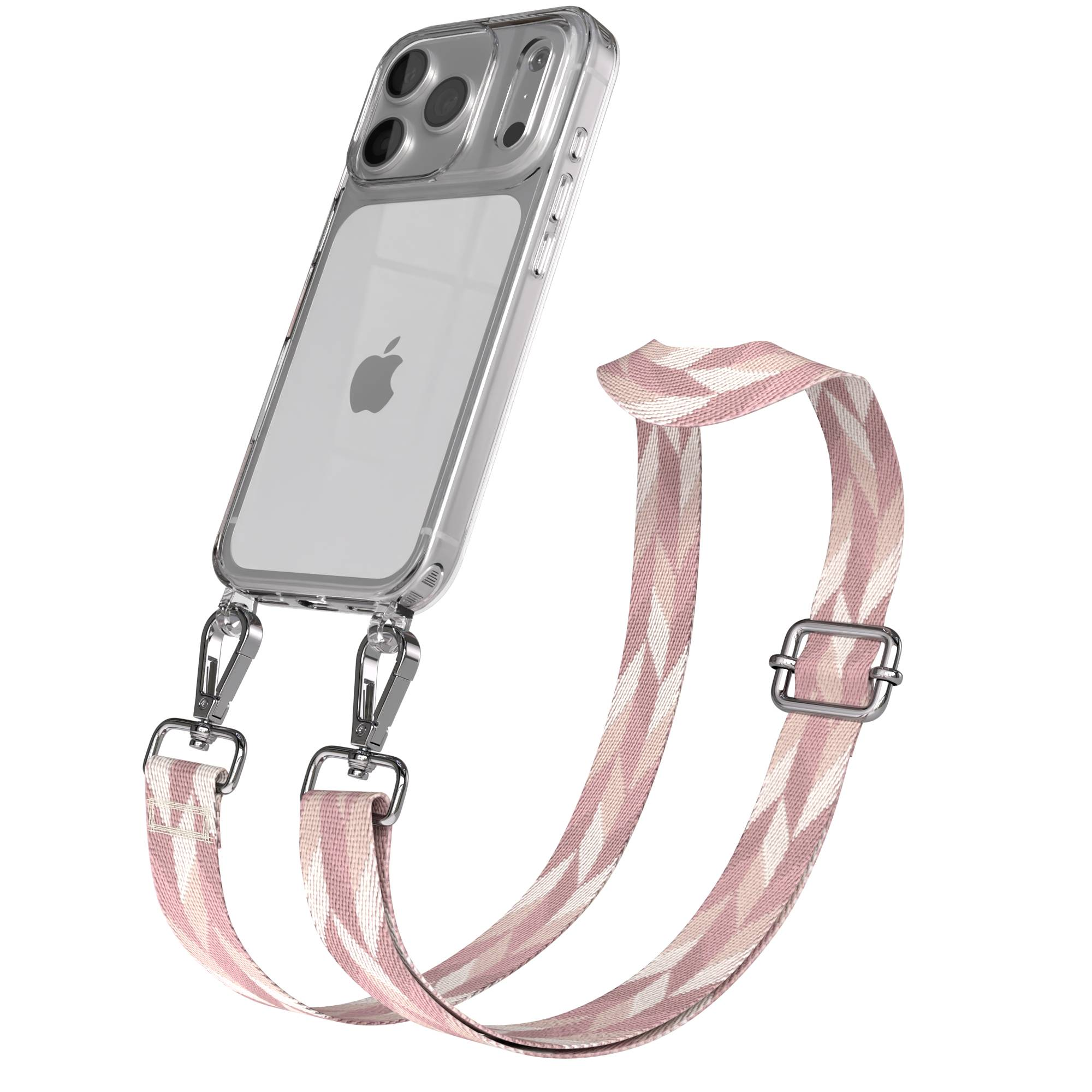 Ein durchsichtiges iPhone-Case mit einem pink-weißen Band und silbernen Clips.