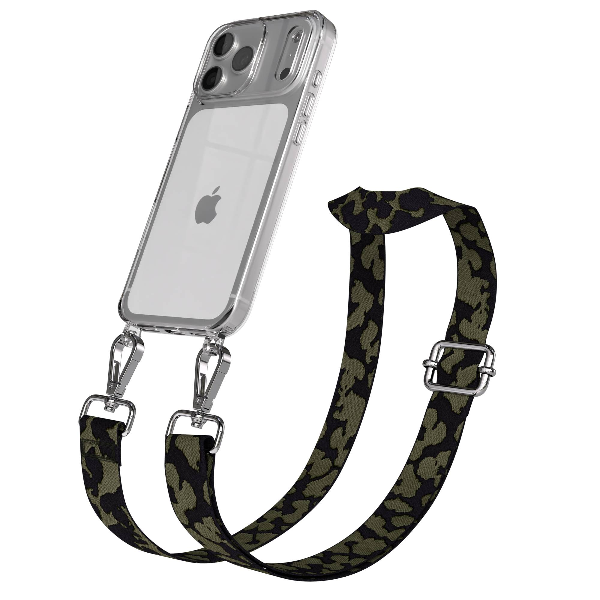 Ein durchsichtiges iPhone mit Leopardenmuster-Trageband auf weißem Hintergrund.