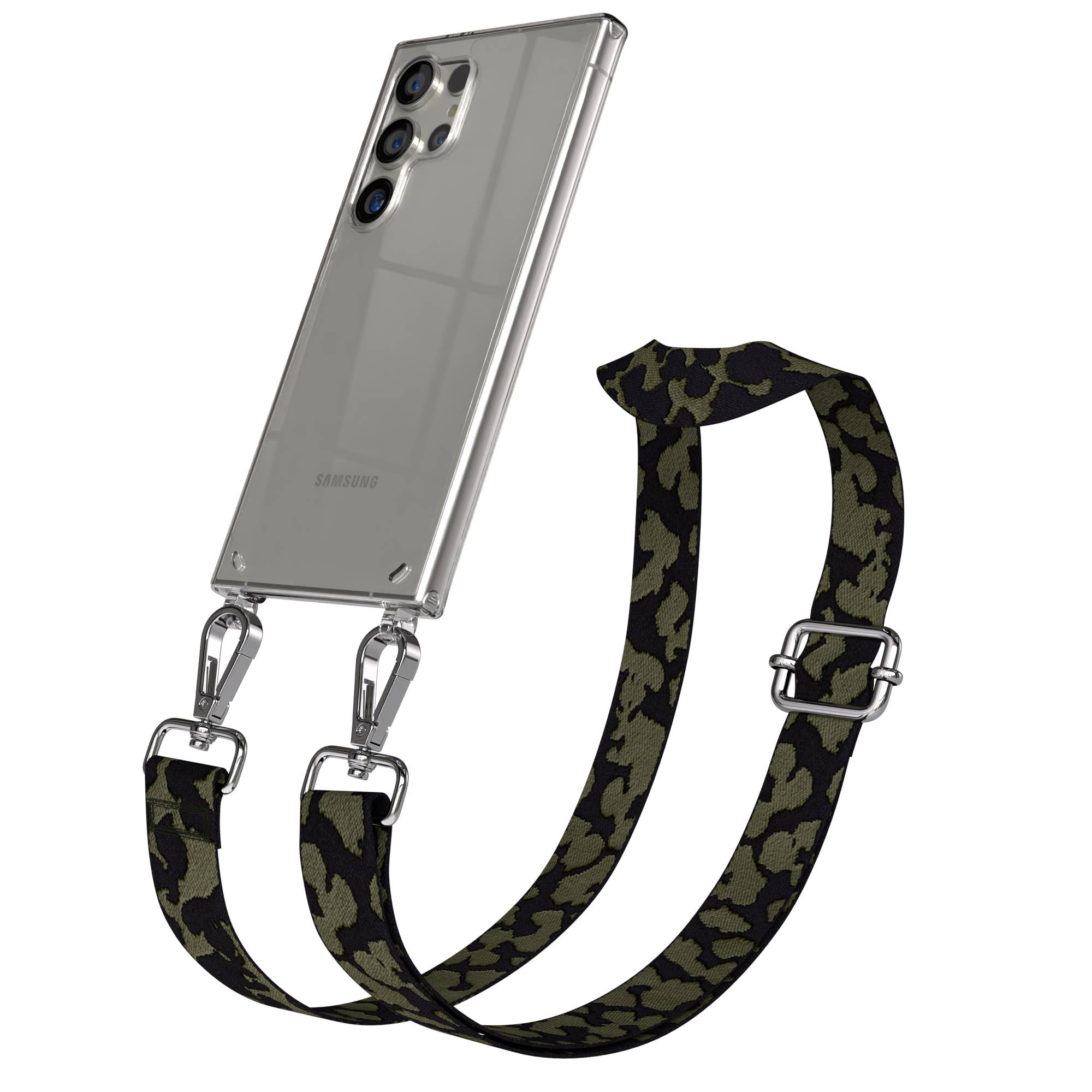 Ein Samsung Smartphone mit transparentem Case und einem Camouflage-Lanyard mit silbernen Clips.