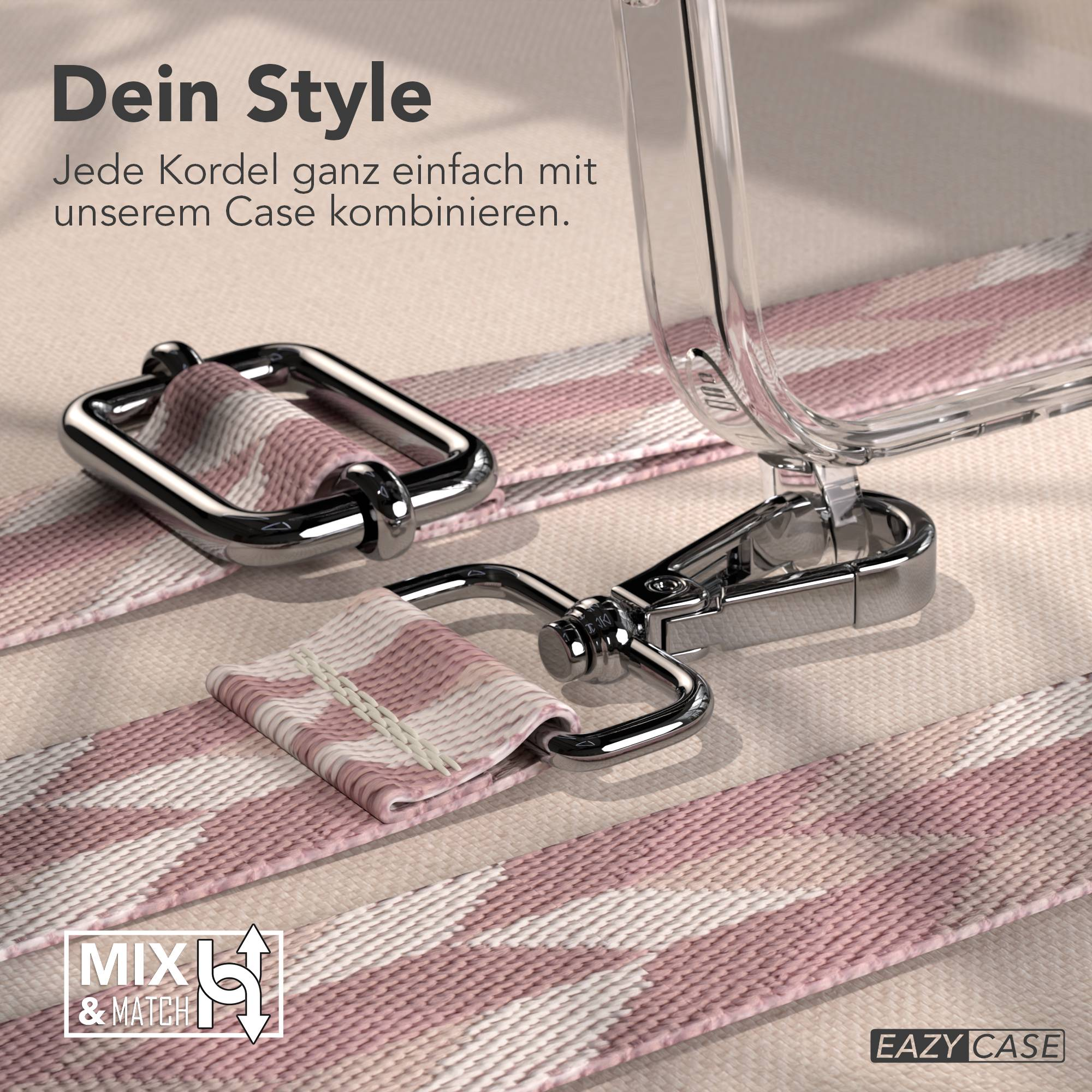 Ein pink-weiß gestreiftes Band mit silbernen Schnallen und einem transparenten Handyhülle.