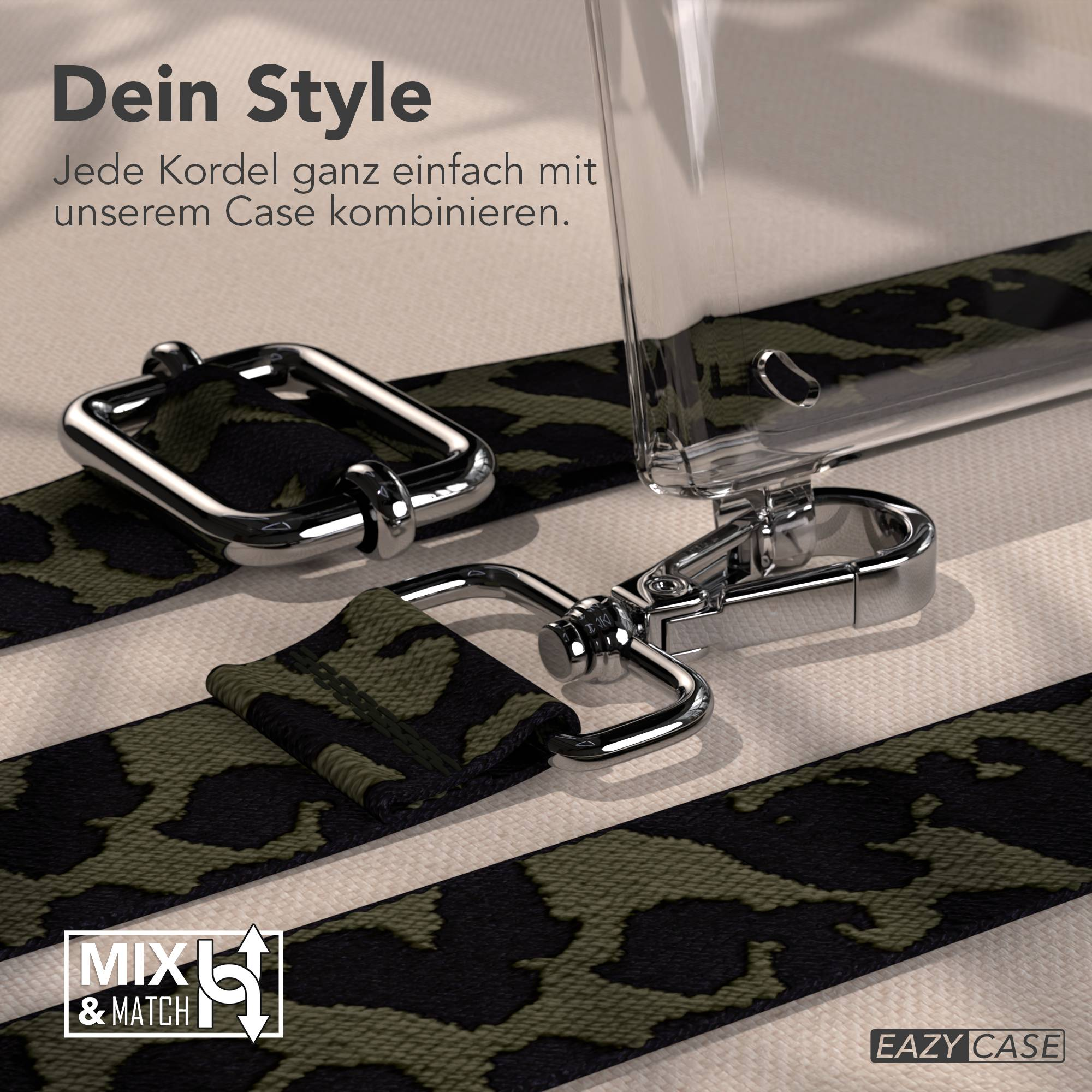 Ein Camouflage-Gurt mit Metallverschlüssen, befestigt an einer durchsichtigen Handyhülle.