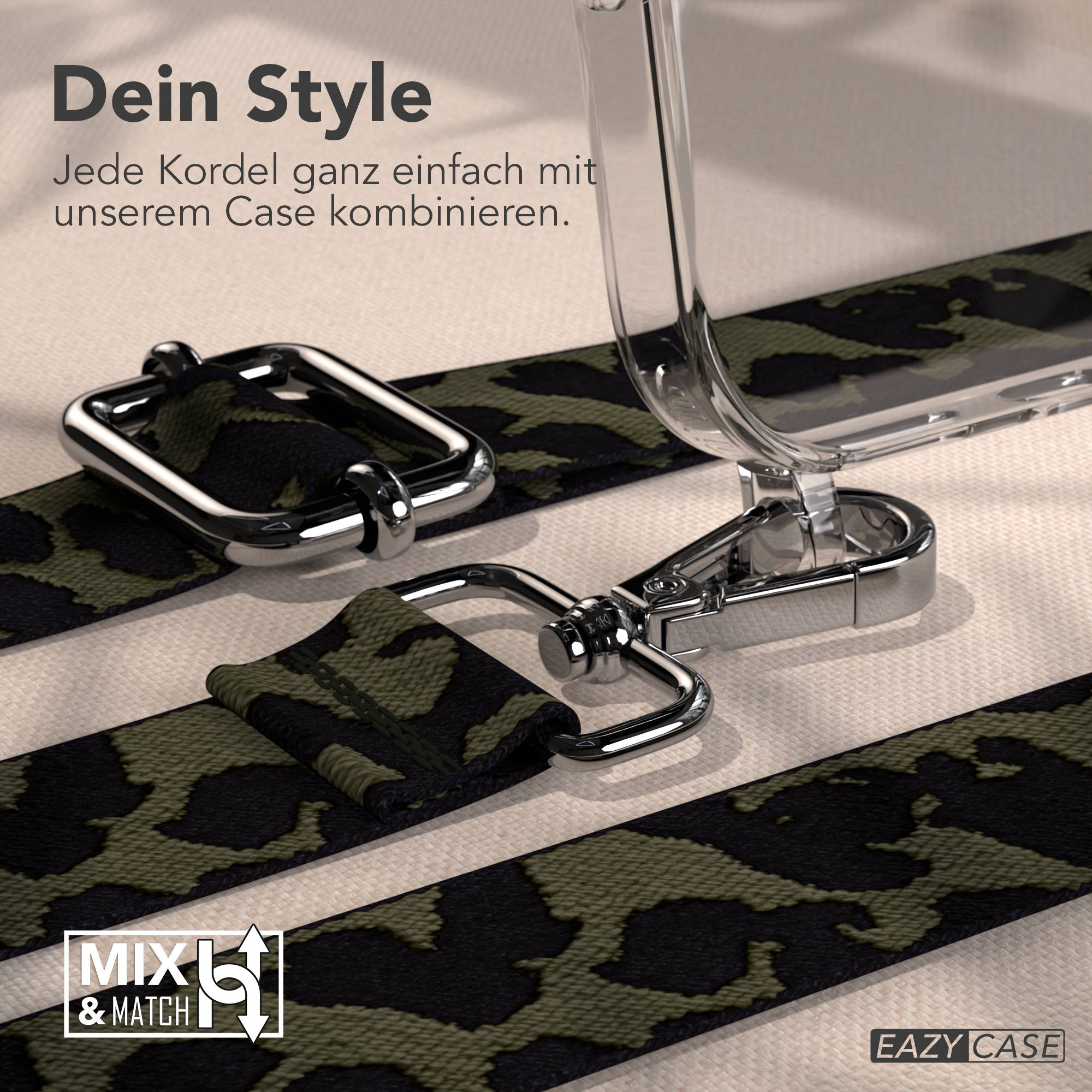 Transparente Handyhülle mit Camouflage-Band und silbernen Beschlägen.