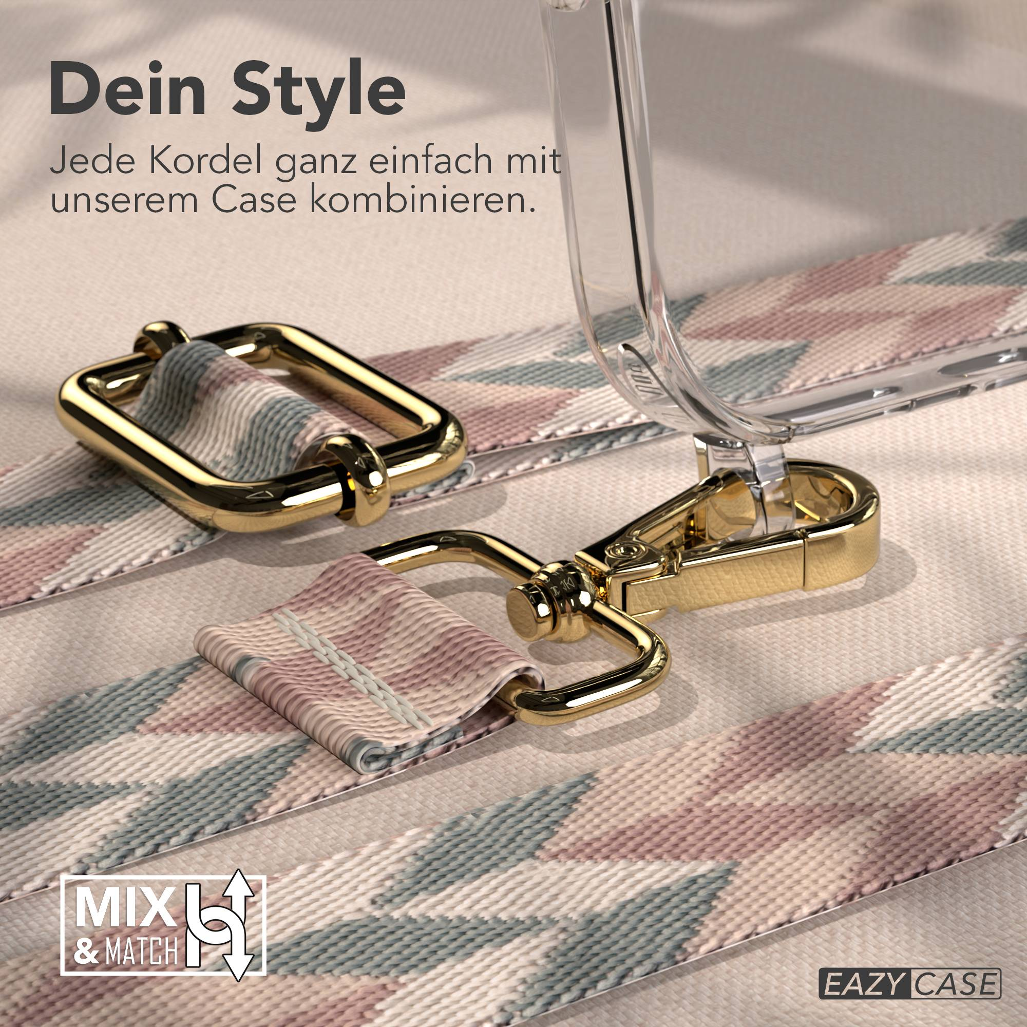 Goldene Karabinerhaken und eine gemusterte Kordel für eine Handyhülle.