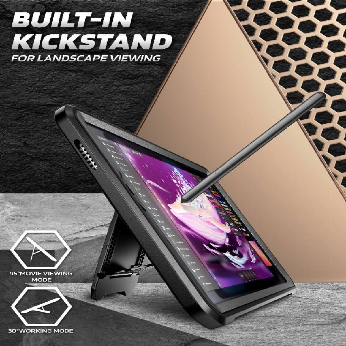 Tablet con cavalletto in orizzontale, stilo disegna sullo schermo.