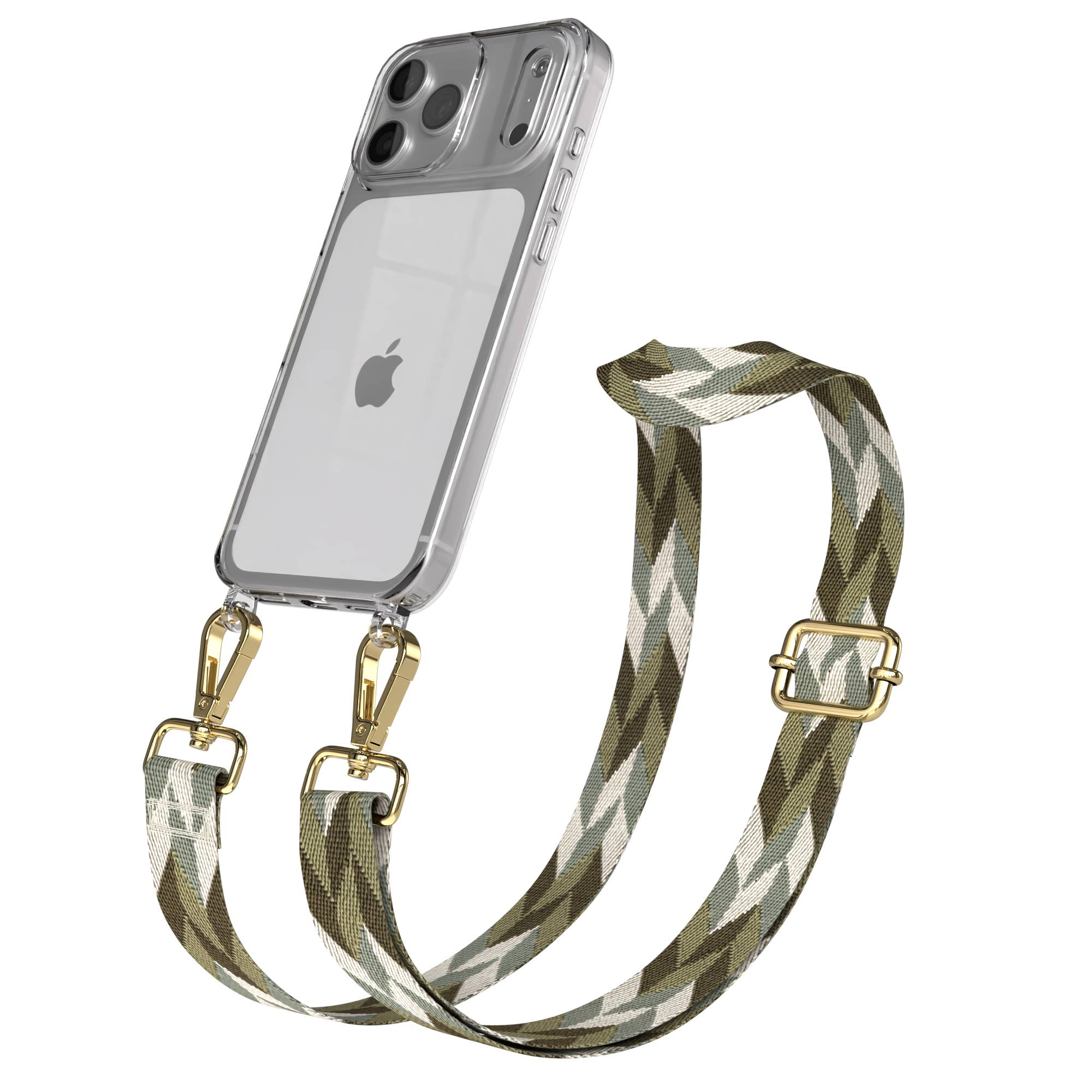 Ein transparentes iPhone mit einem gemusterten Umhängeband in Olivgrün, Weiß und Grau.