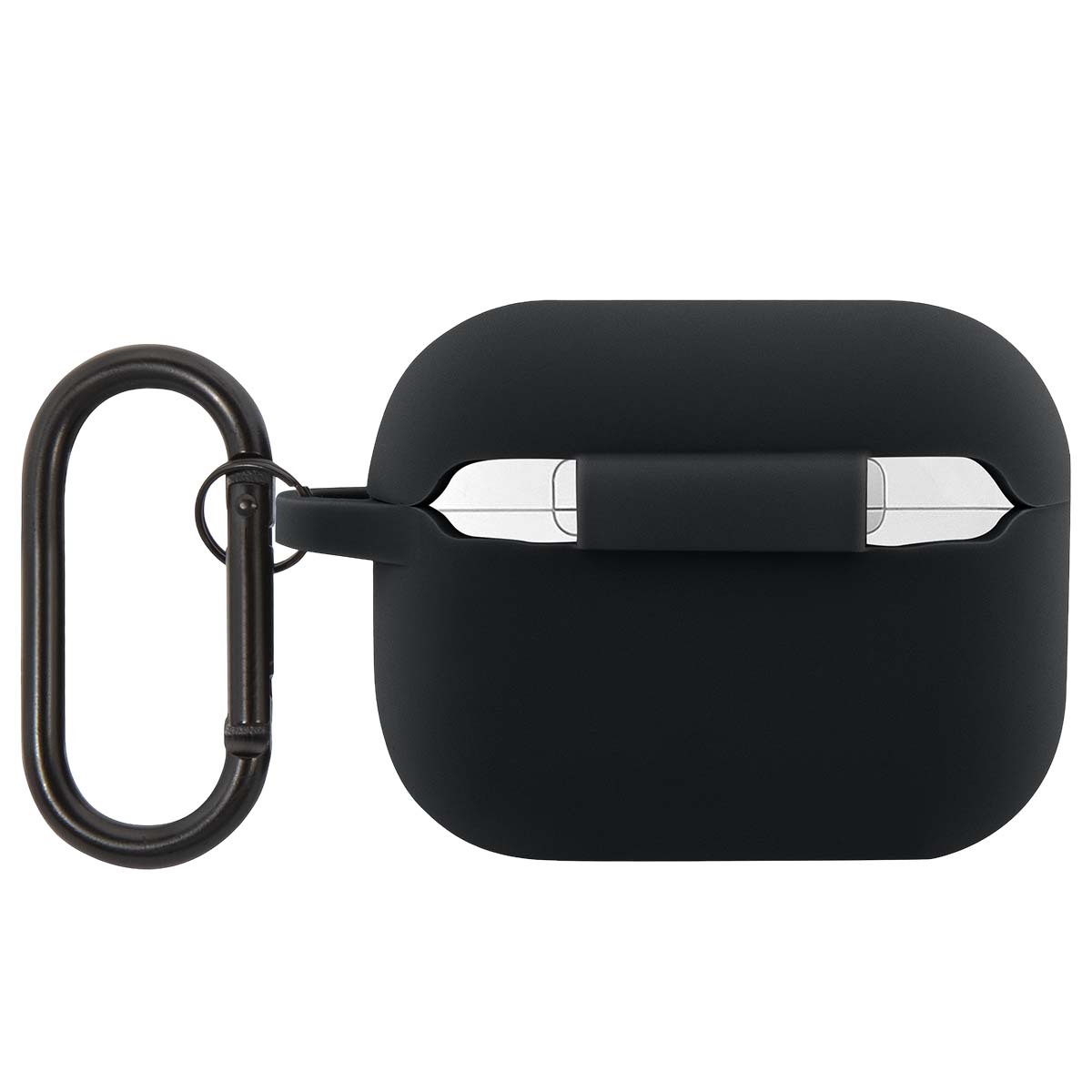 Funda negra para auriculares con clip de mosquetón sobre fondo blanco.