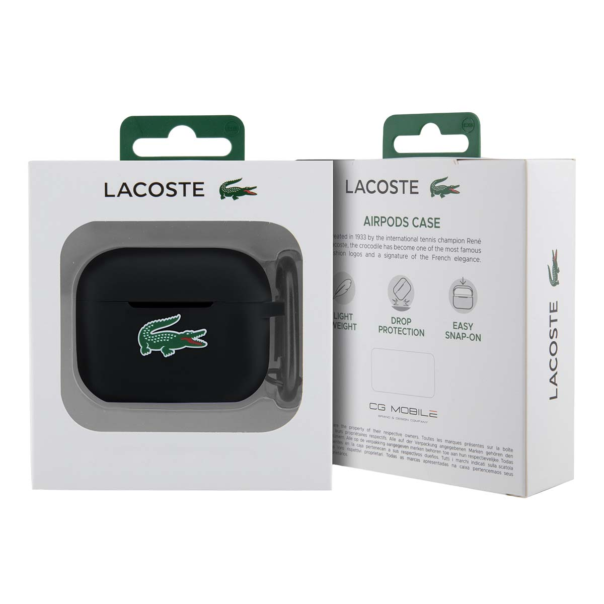 Funda Lacoste para AirPods con logo de cocodrilo, en negro, con características.