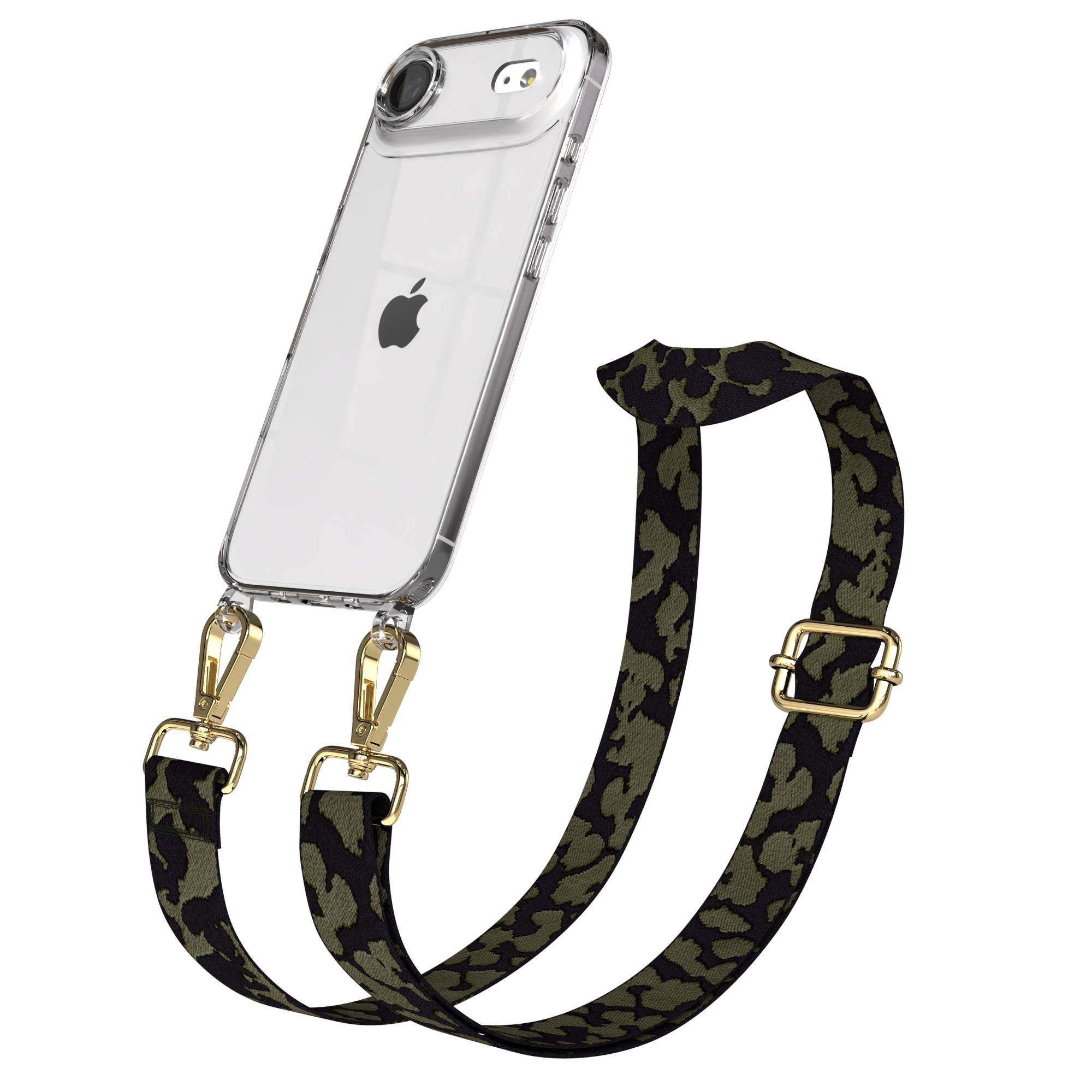 Klare iPhone-Hülle mit leopard gemustertem Gurt und goldener Hardware auf weißem Hintergrund.
