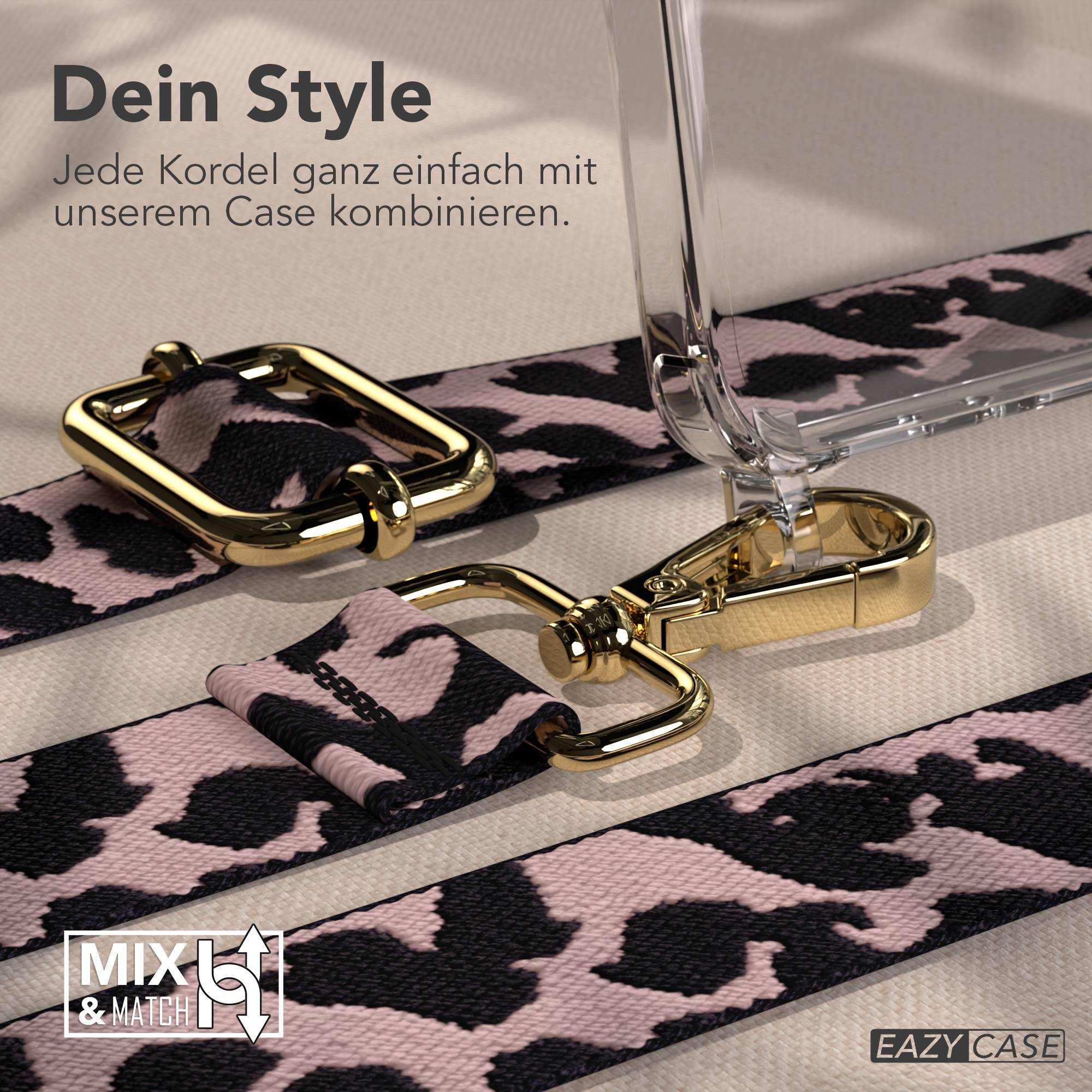 Klare Handyhülle mit pink-schwarzem Leopardenmuster-Gurt und goldener Hardware.