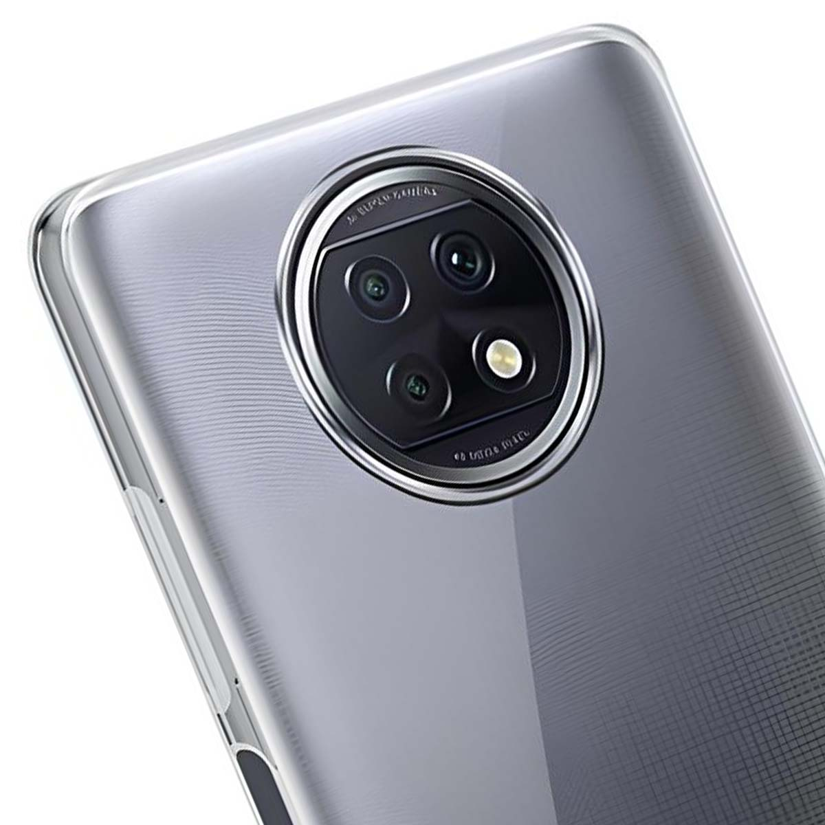 Primo piano della custodia trasparente di un telefono, che mostra il modulo fotocamera posteriore.