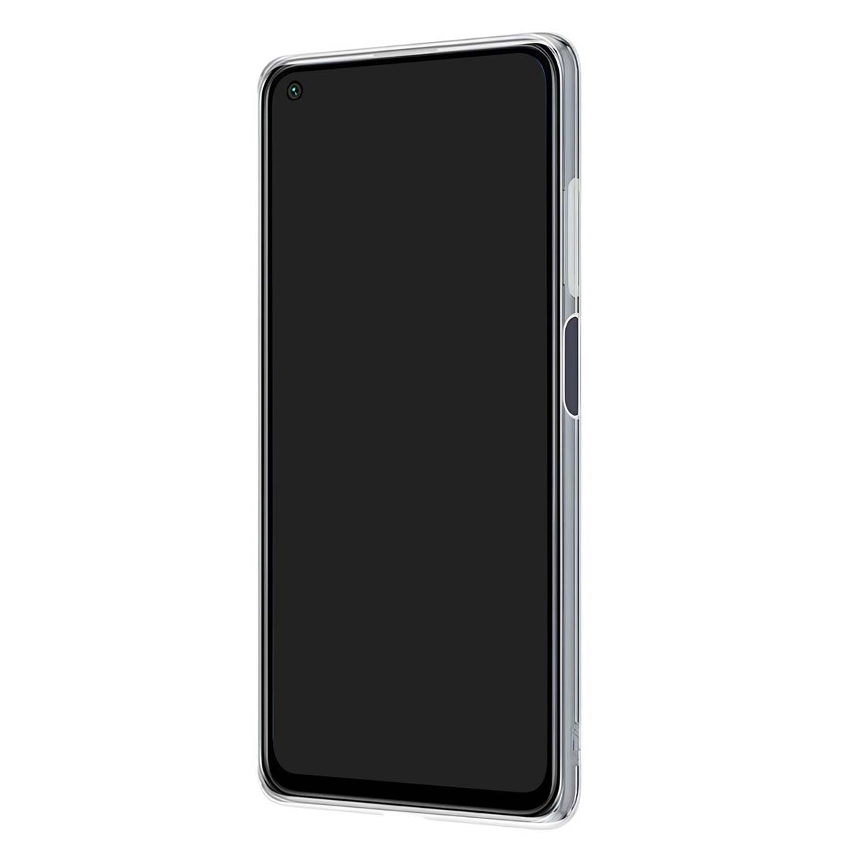 Una cover trasparente per smartphone con schermo nero, fotocamera frontale e pulsanti laterali.