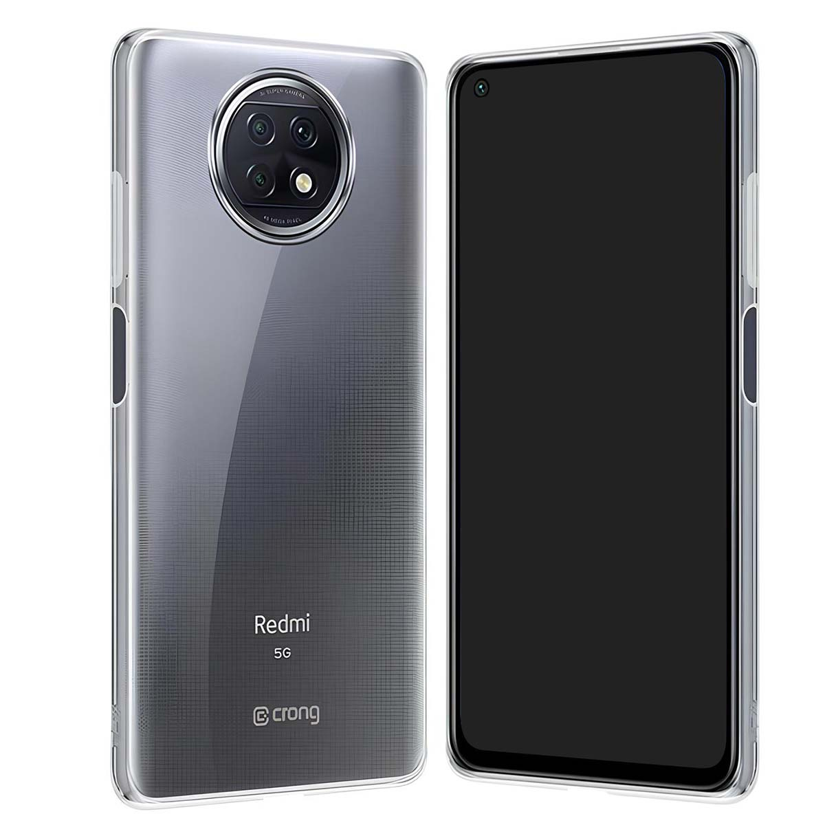 Custodia trasparente per telefono che mostra un telefono Redmi 5G con modulo fotocamera circolare.