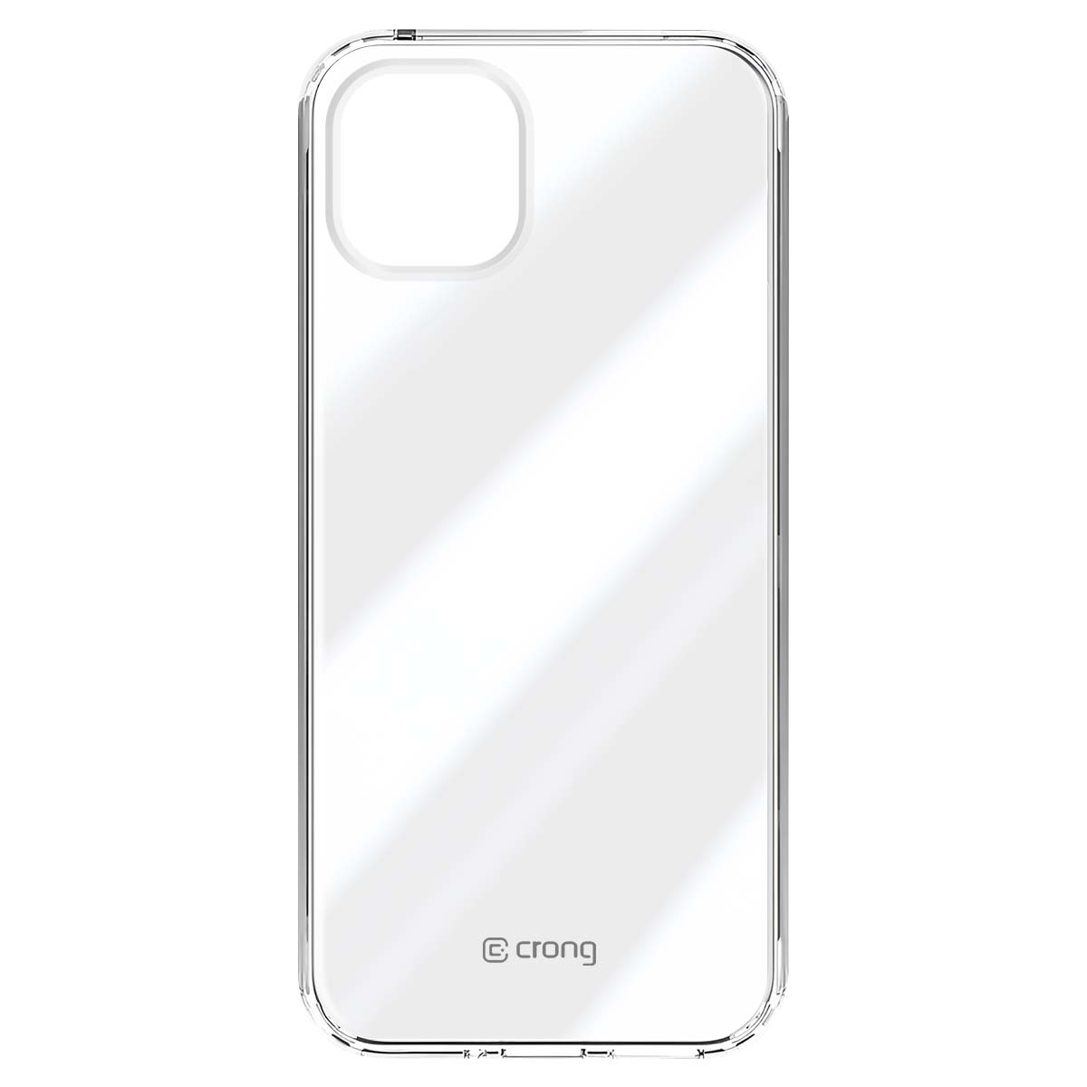 Custodia trasparente per telefono con ritaglio fotocamera e logo in basso.