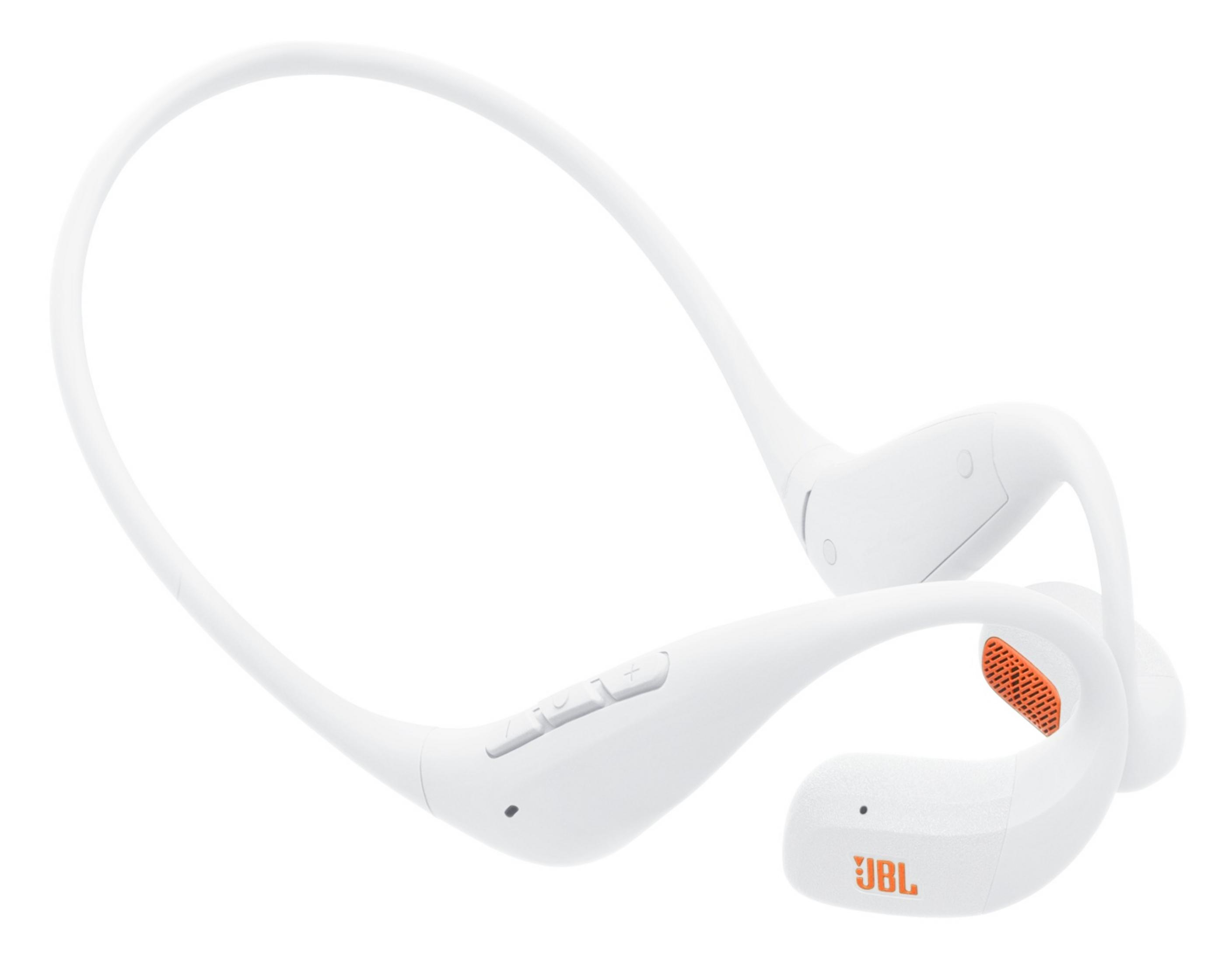 Cuffie da collo JBL bianche con accenti arancioni. Controlli sulla fascia.