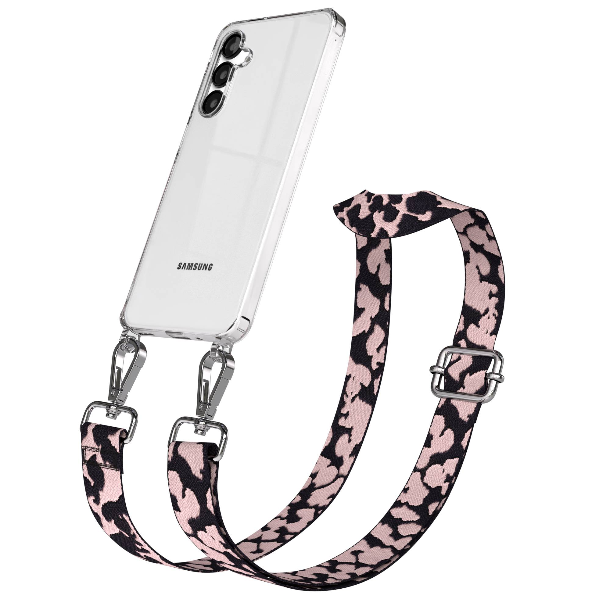 Ein Samsung-Smartphone in einer transparenten Hülle mit einem Leopardenmuster-Trageriemen.
