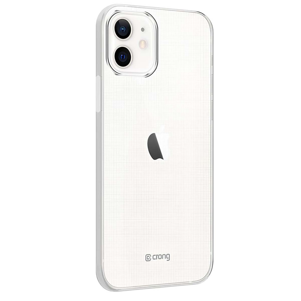 Una cover trasparente per telefono con motivo a griglia, che mostra il logo Apple.