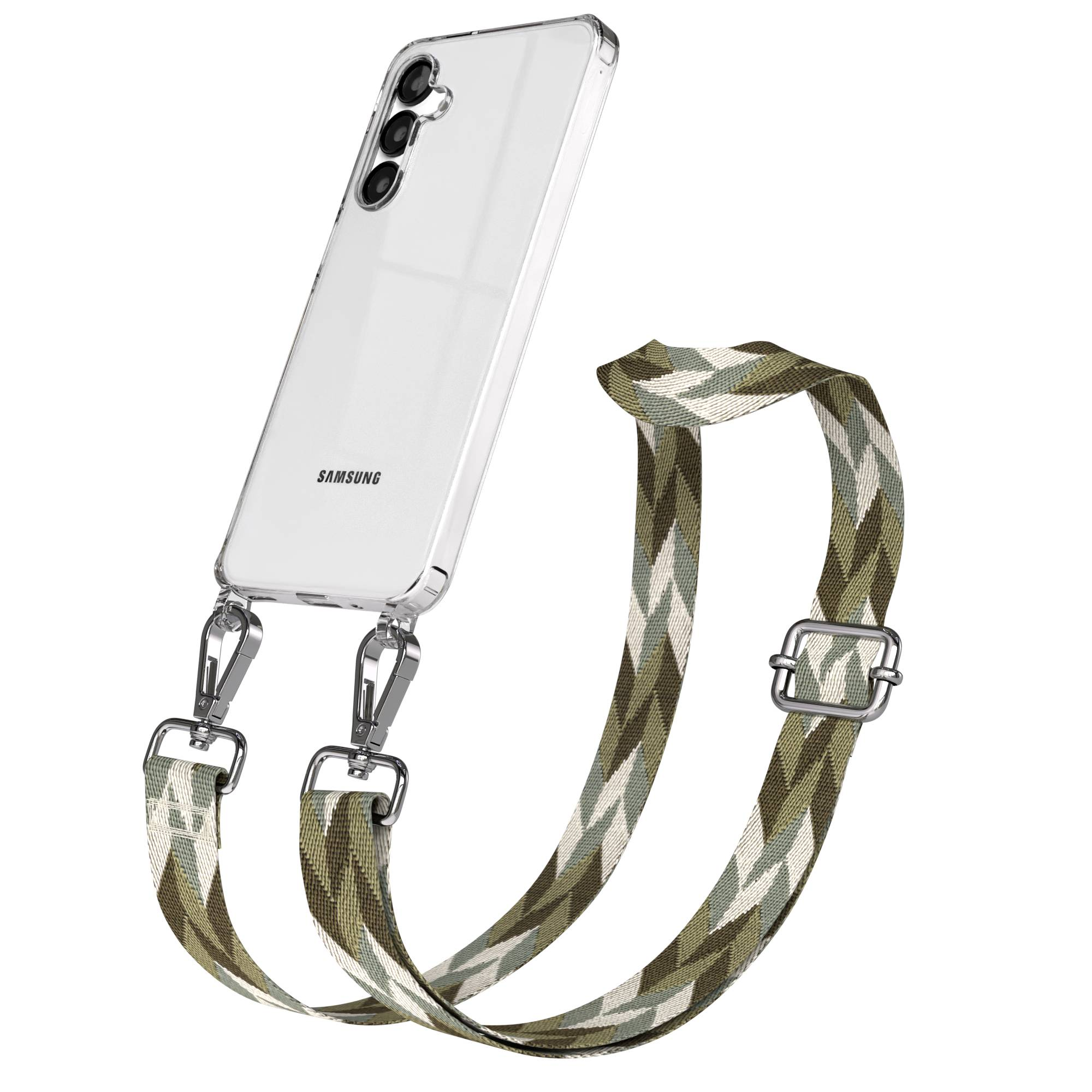 Ein transparentes Samsung Handy mit einem Camouflage-Lanyard und silbernen Clips.