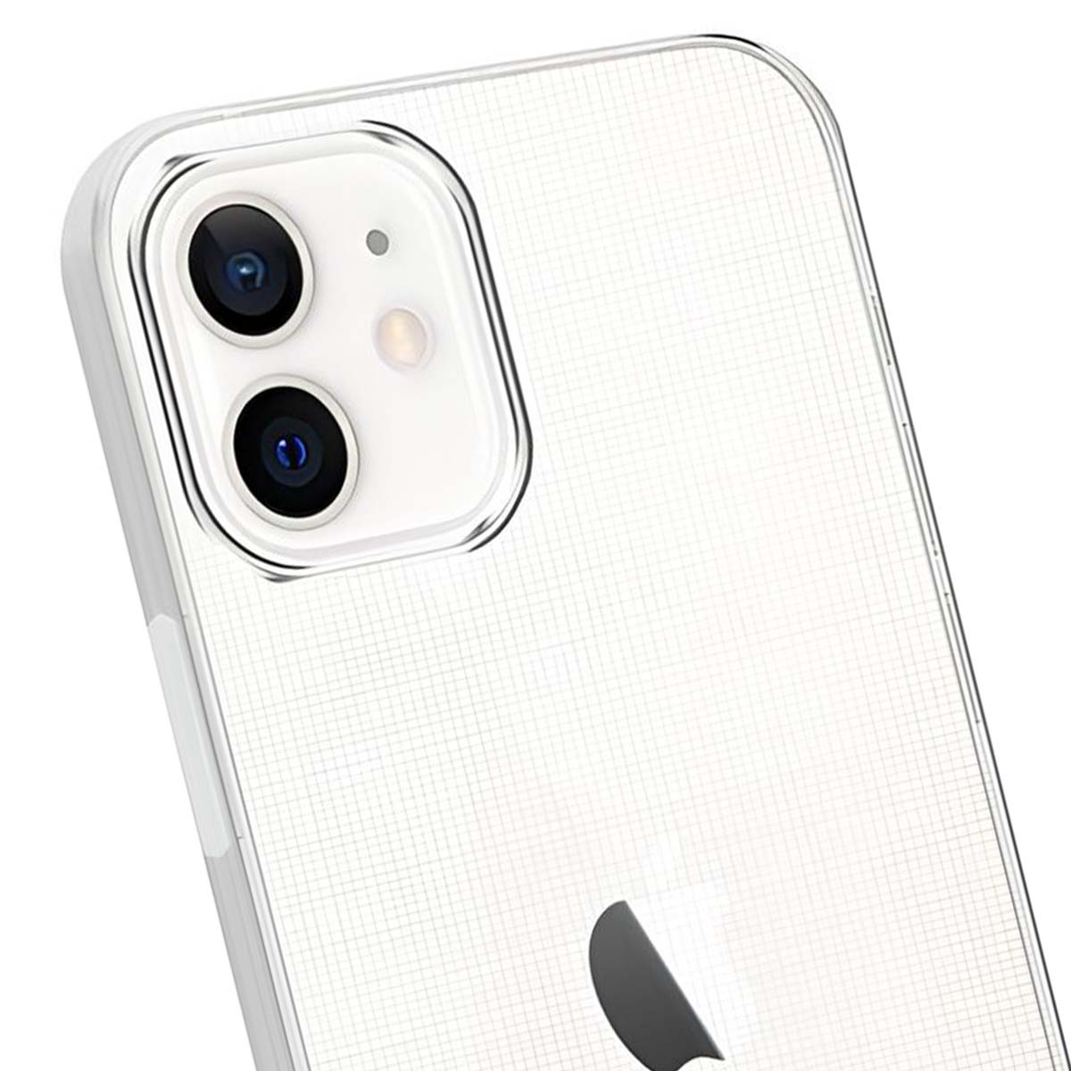 Primo piano di una custodia trasparente per telefono che mostra il modulo a doppia fotocamera e il motivo a griglia.