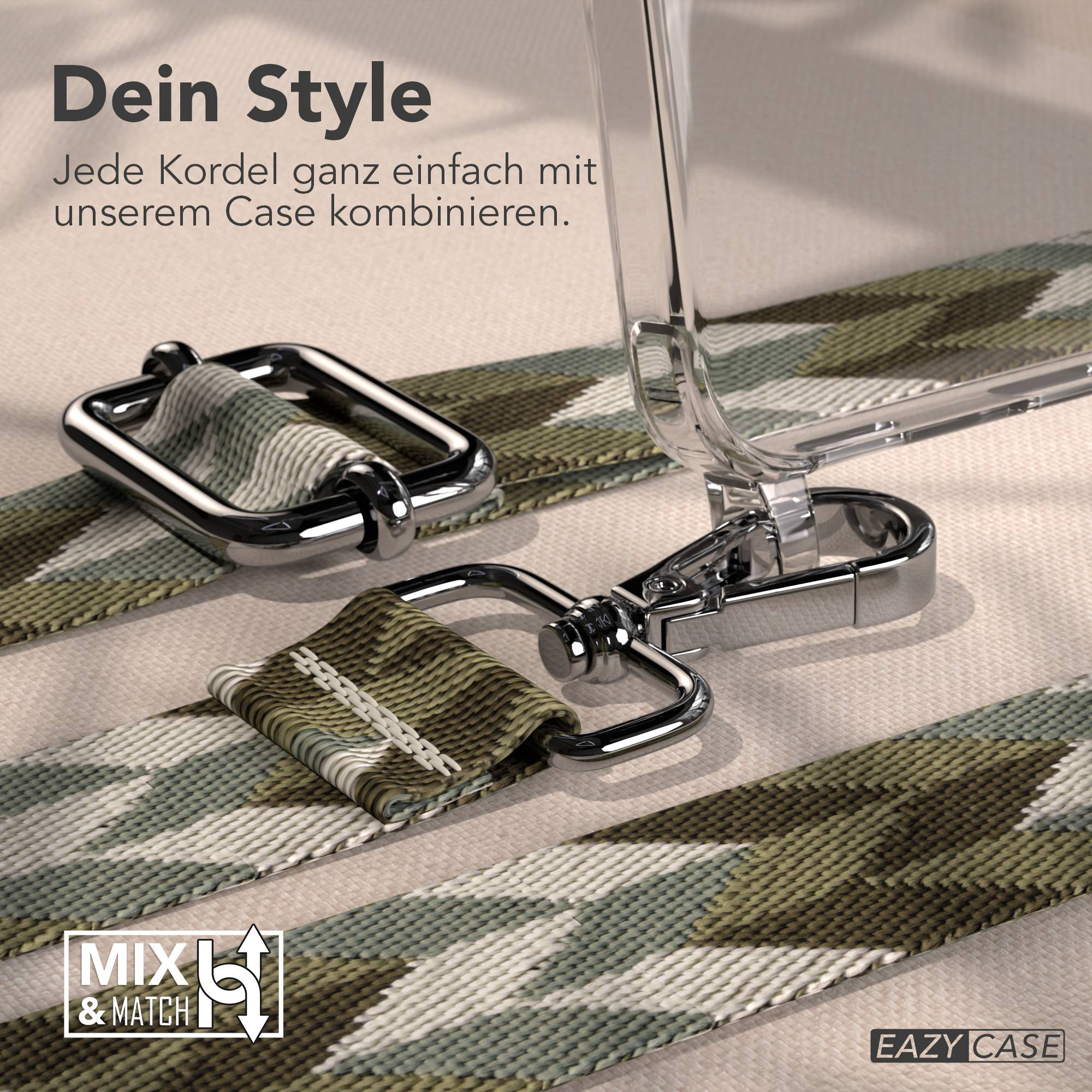 Camouflage-Gurt mit silbernen Verschlüssen und einer transparenten Handyhüllenbefestigung.