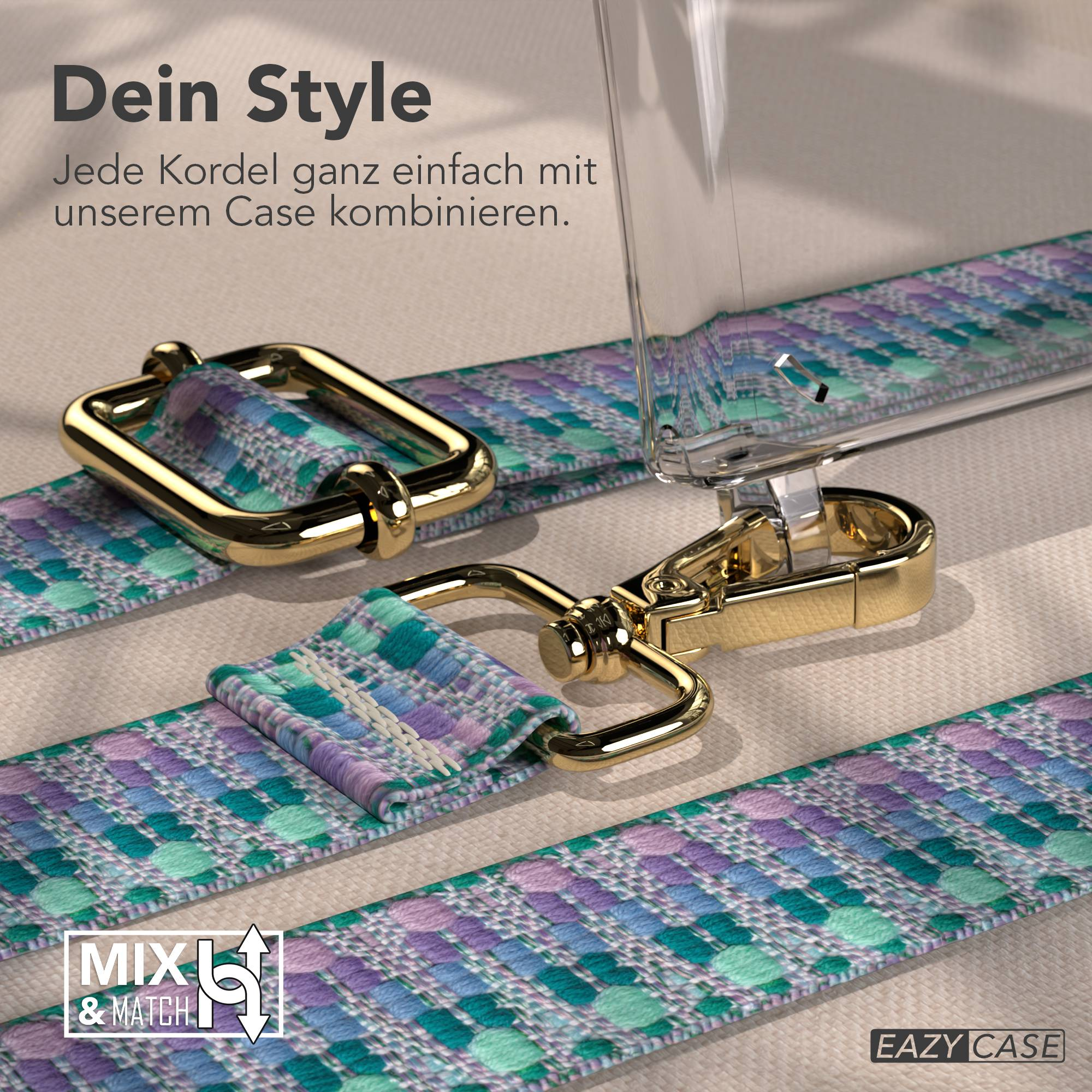 Goldene Karabiner an einem gemusterten Band neben einer transparenten Handyhülle.