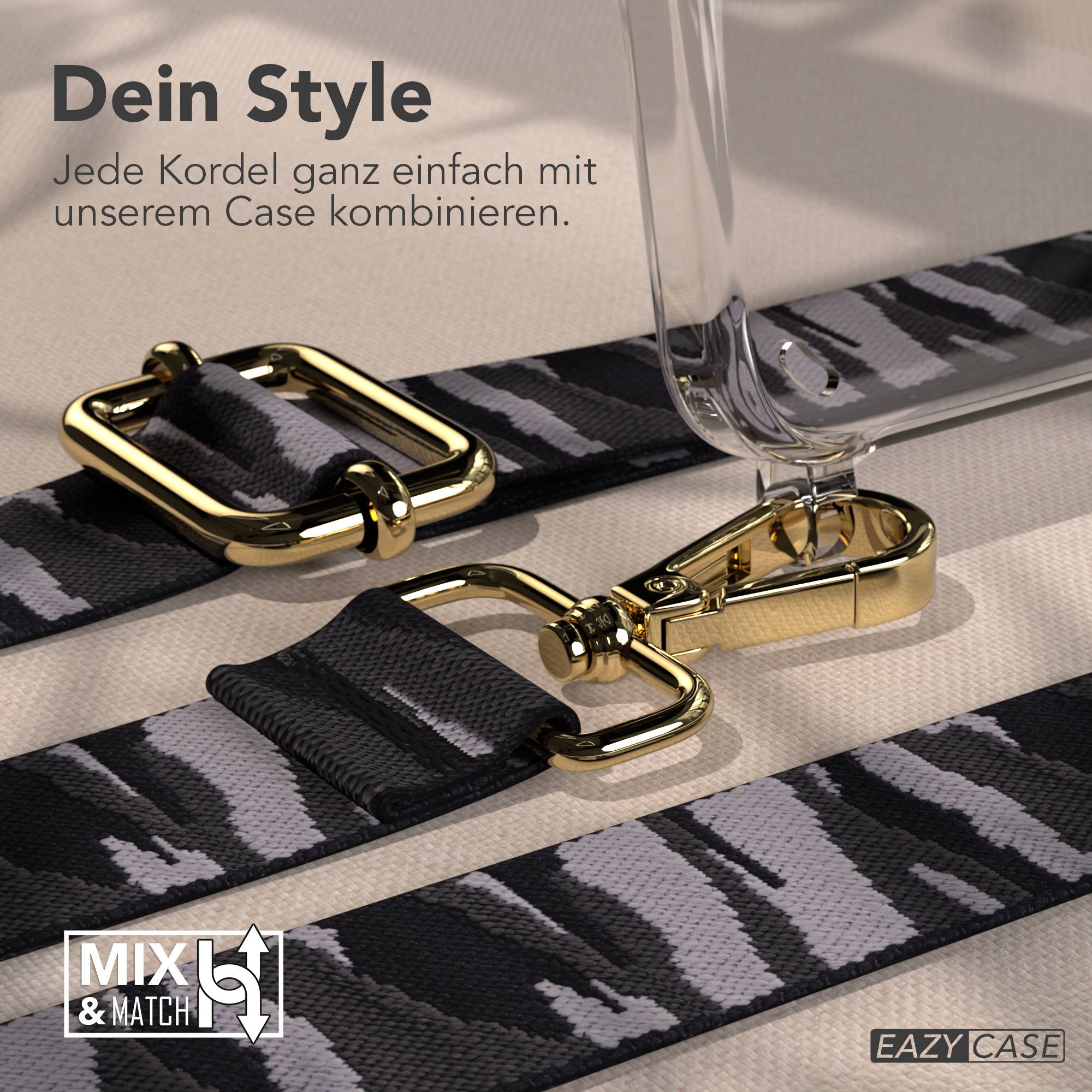 Graues Band mit schwarzem Camouflage-Muster und goldenen Verschlüssen.